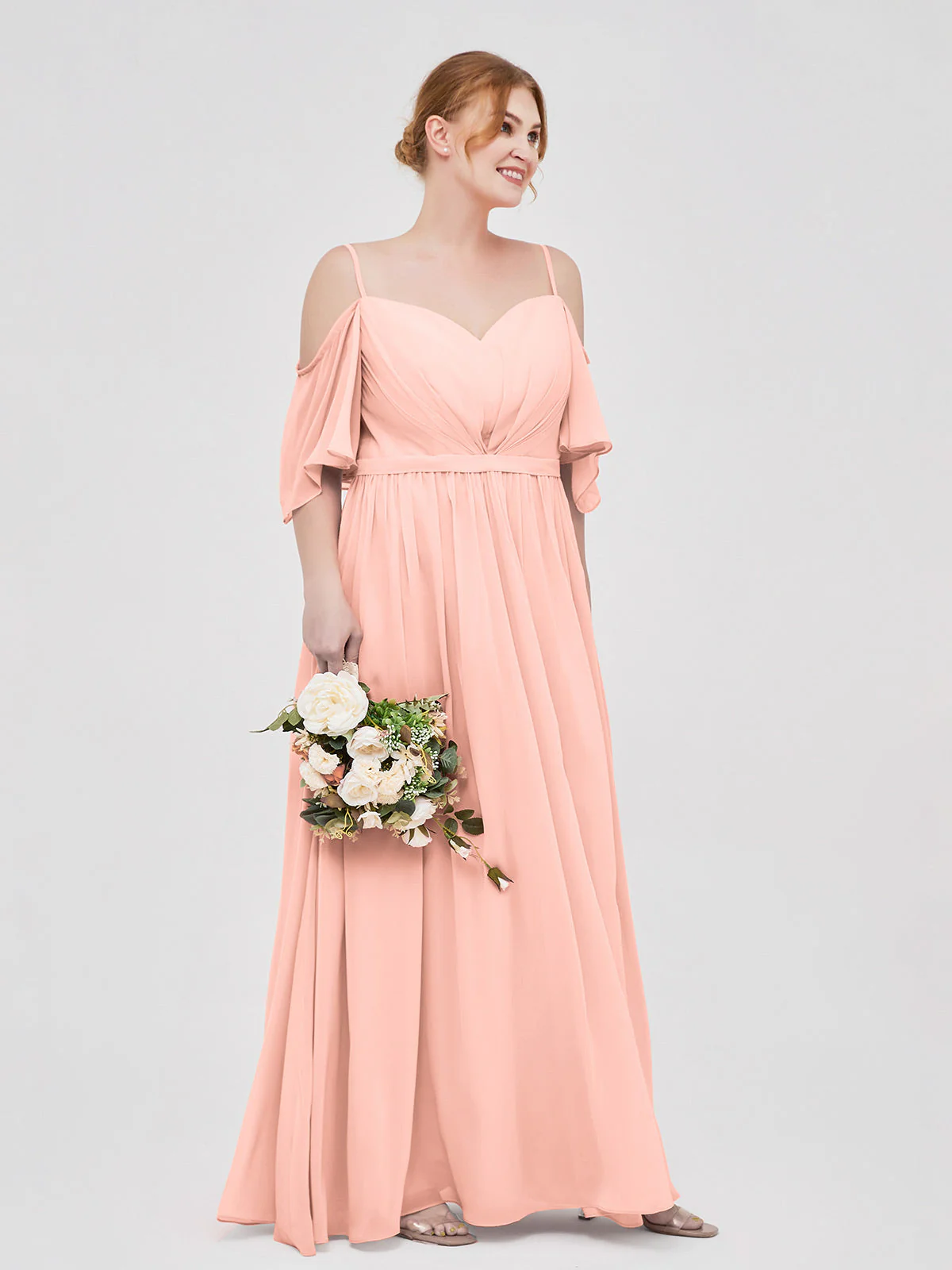 Off-The-Schulter Spaghetti Träger Chiffon Kleid Koralle - Image 9