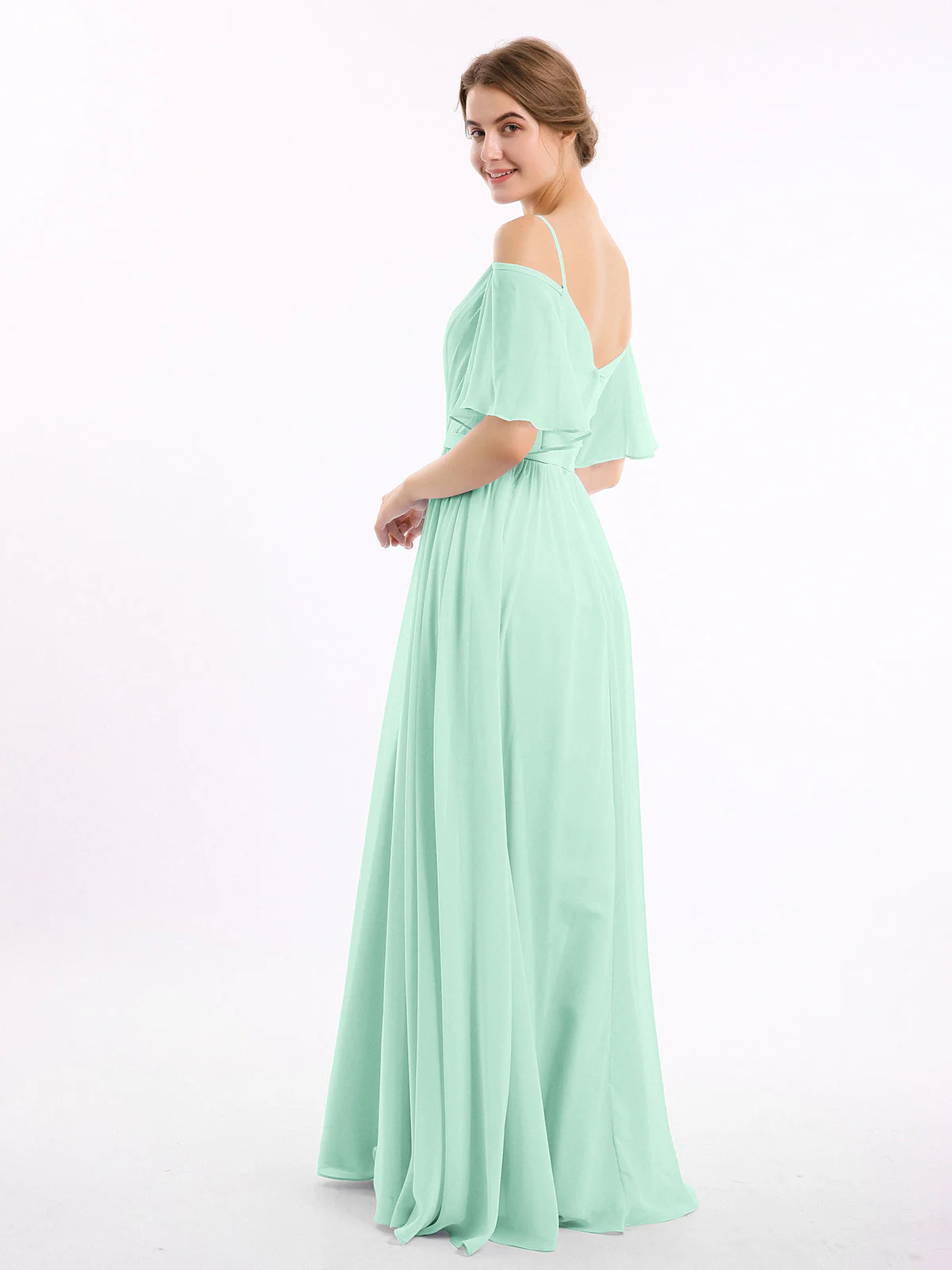Off-The-Schulter Spaghetti Träger Chiffon Kleid Minzgrün - Image 2