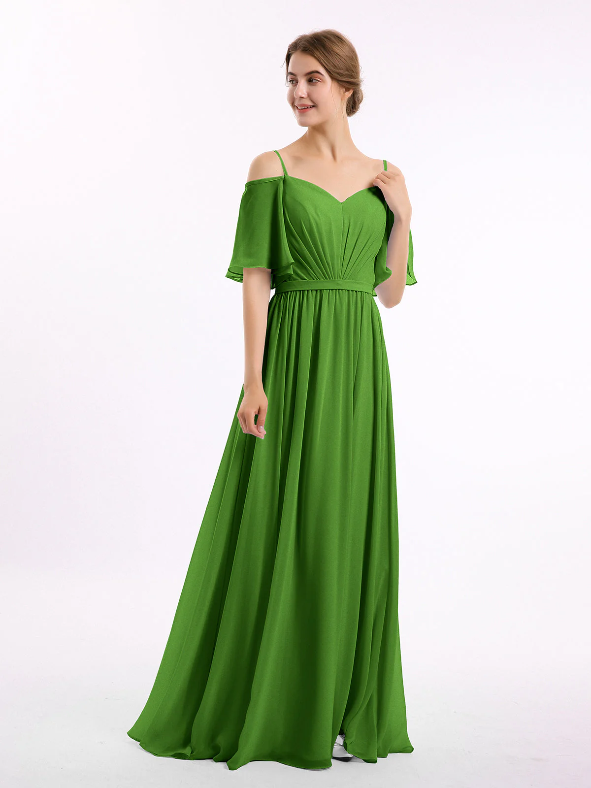 Off-The-Schulter Spaghetti Träger Chiffon Kleid Moos - Image 3