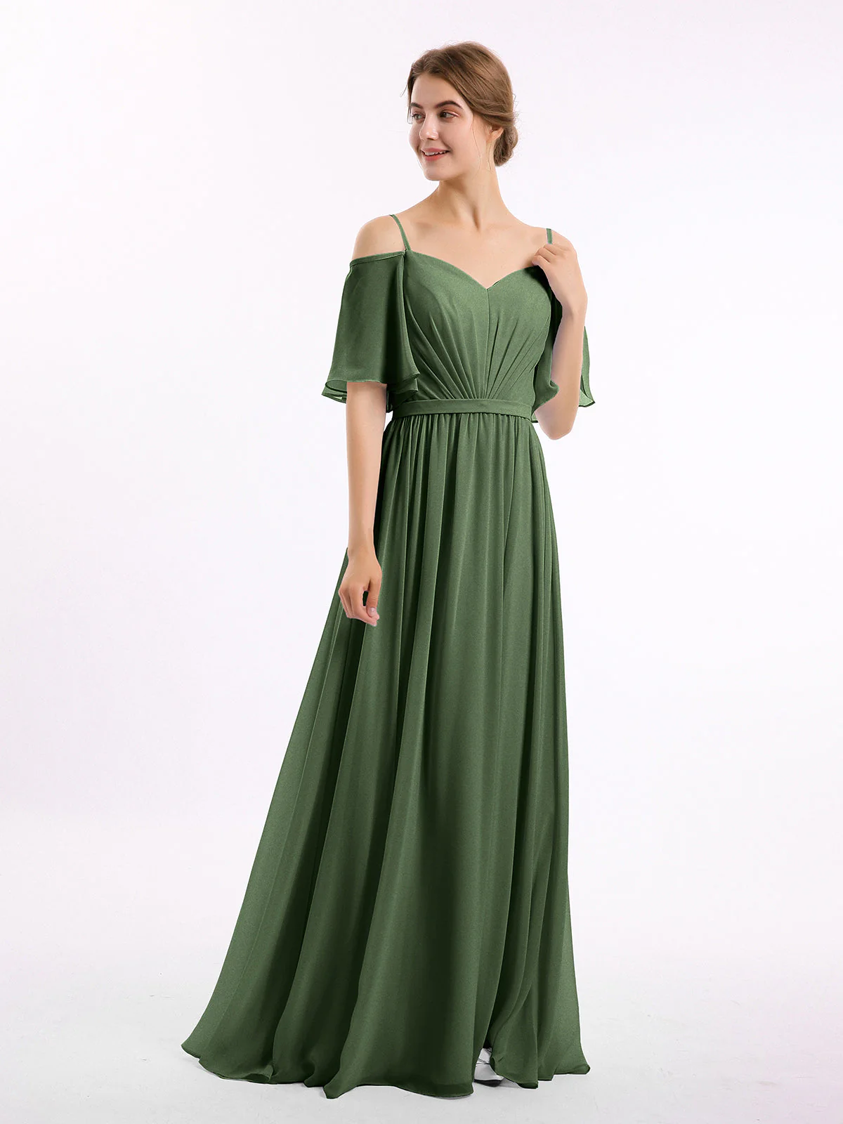 Off-The-Schulter Spaghetti Träger Chiffon Kleid Olivgrün - Image 3
