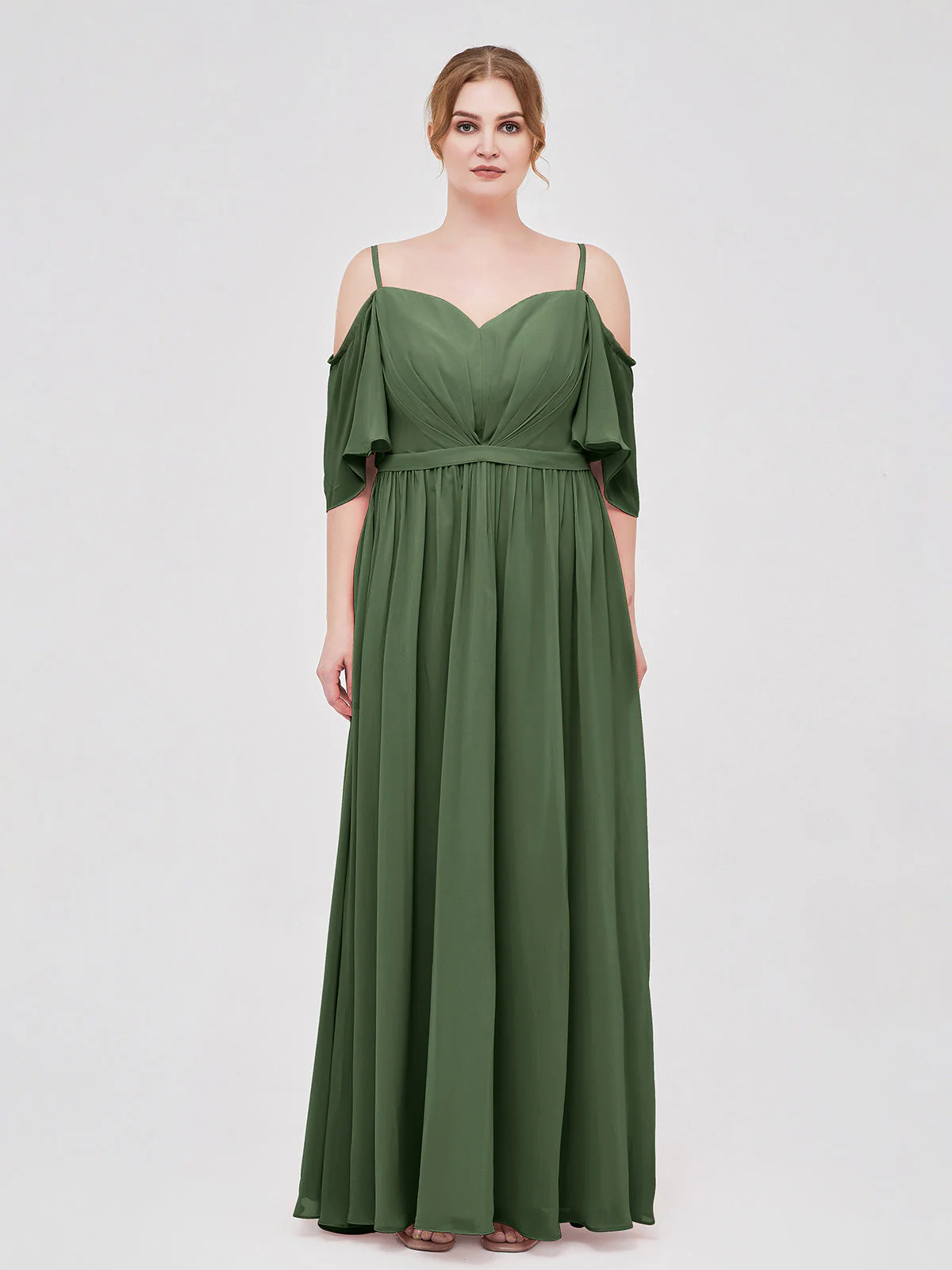 Off-The-Schulter Spaghetti Träger Chiffon Kleid Olivgrün - Image 7