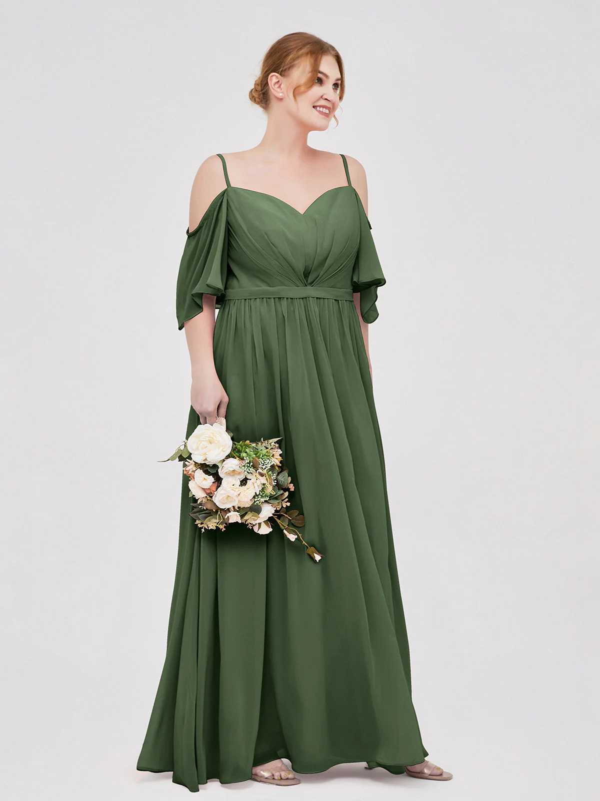 Off-The-Schulter Spaghetti Träger Chiffon Kleid Olivgrün - Image 9