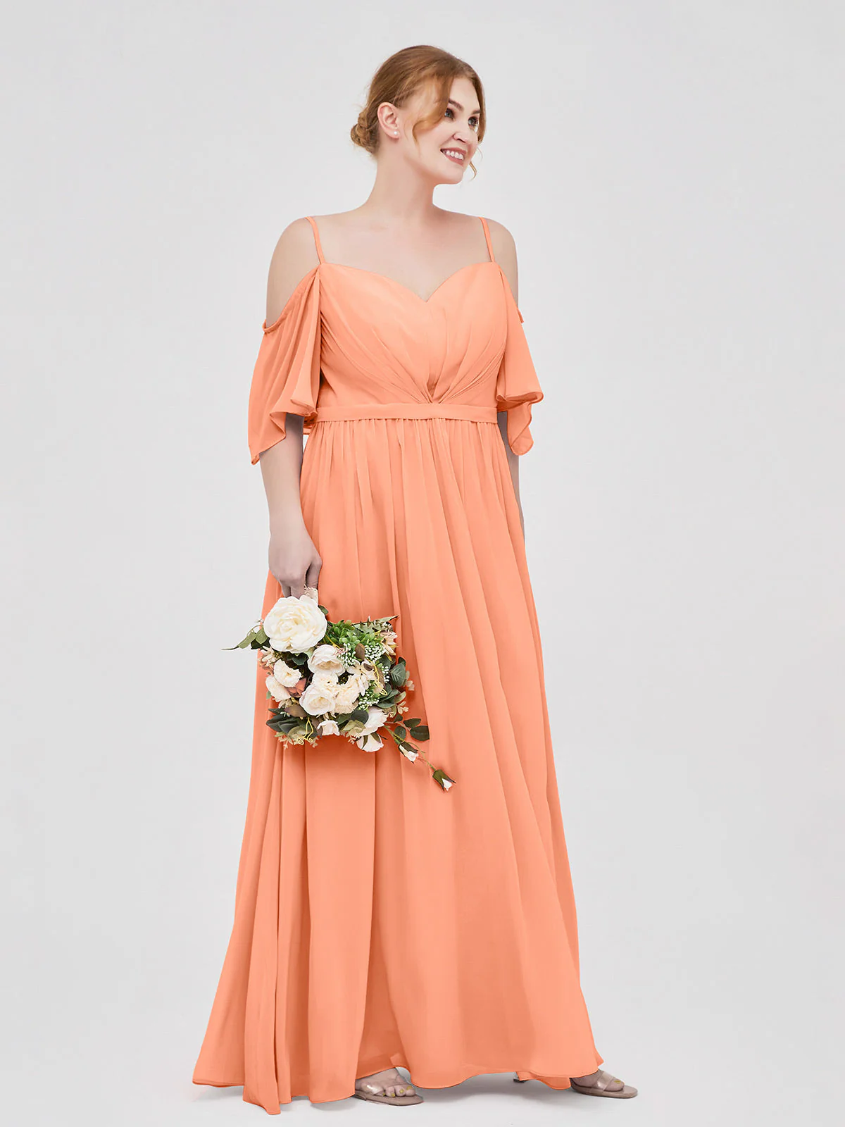 Off-The-Schulter Spaghetti Träger Chiffon Kleid Papaya - Image 3