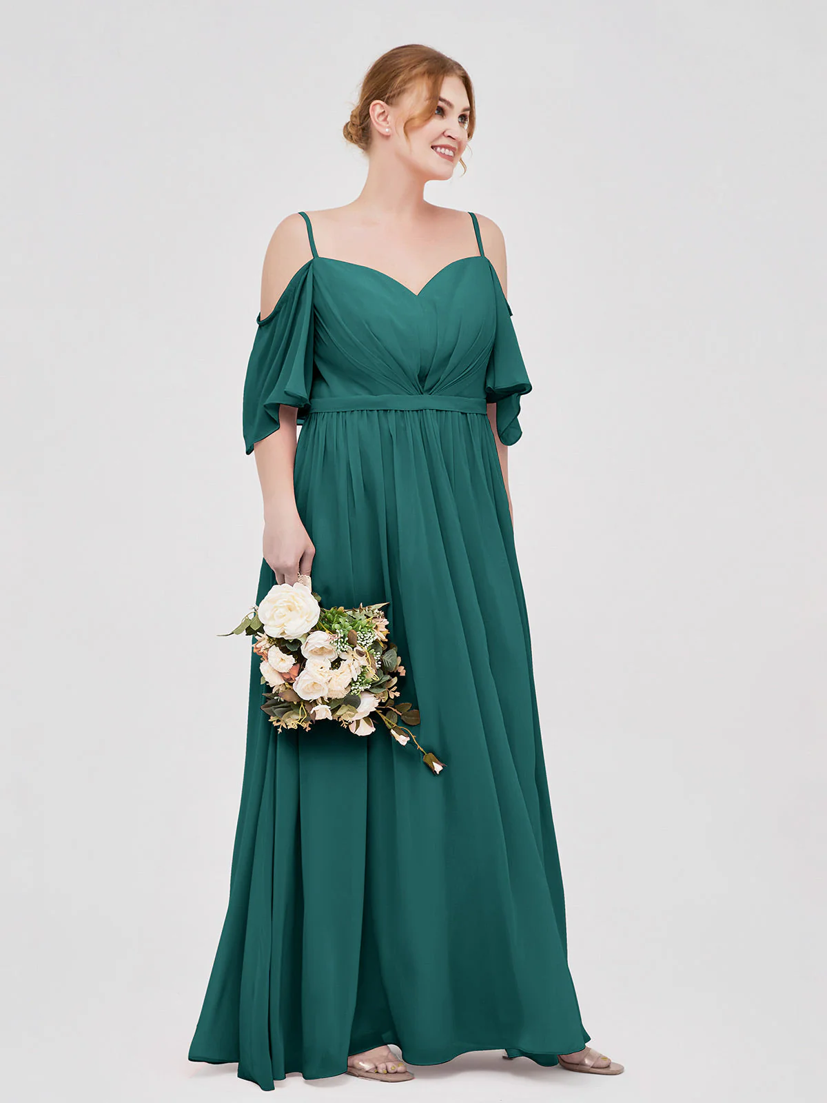 Off-The-Schulter Spaghetti Träger Chiffon Kleid Pfau - Image 9
