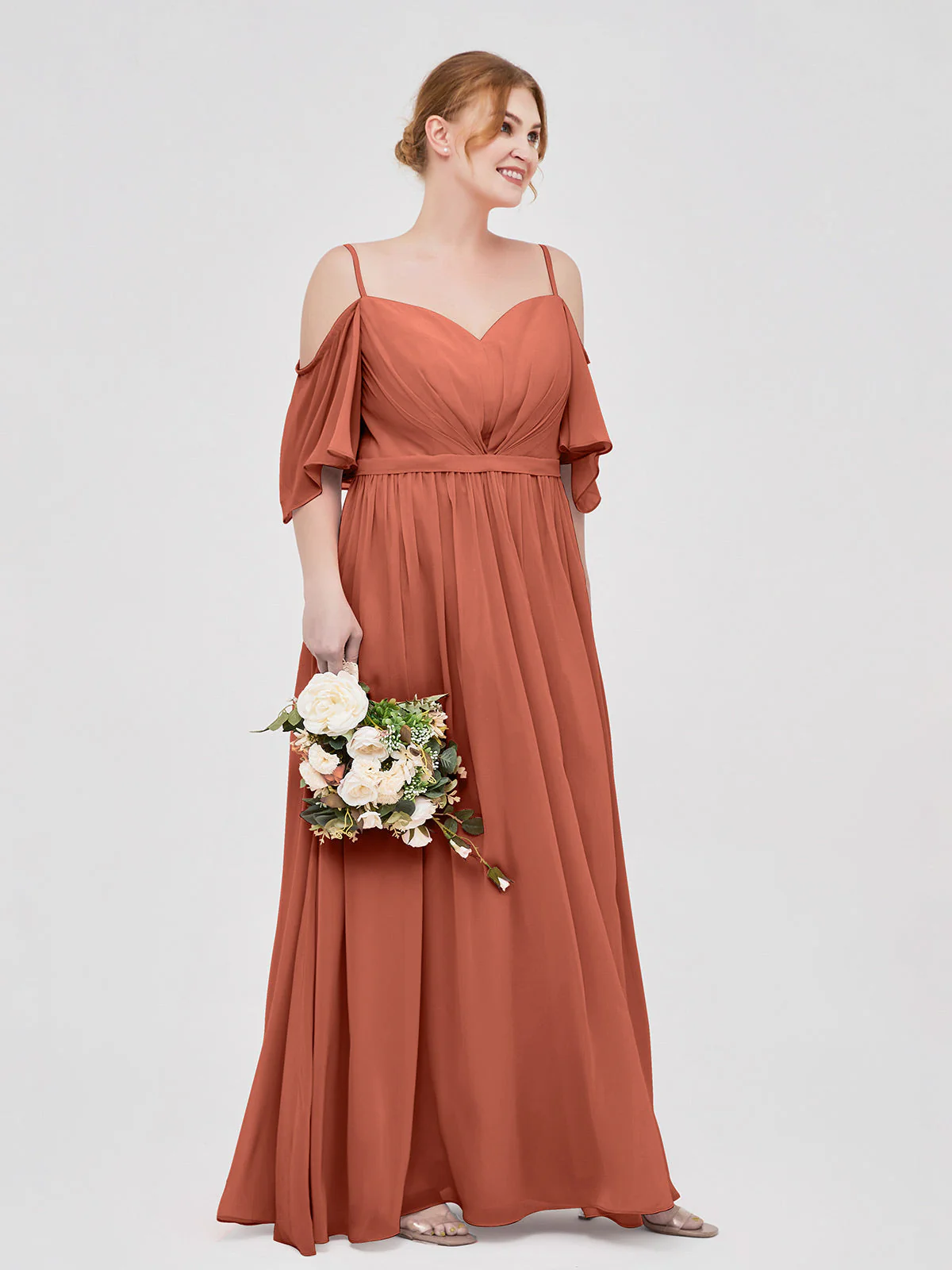 Off-The-Schulter Spaghetti Träger Chiffon Kleid Rost - Image 9