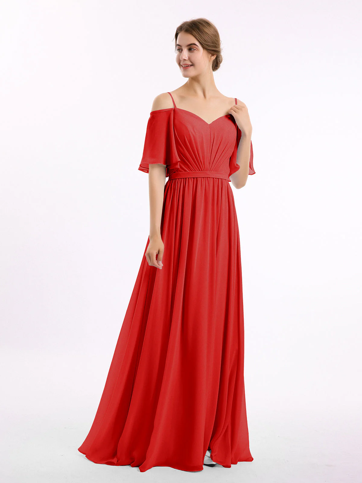 Off-The-Schulter Spaghetti Träger Chiffon Kleid Rot - Image 3