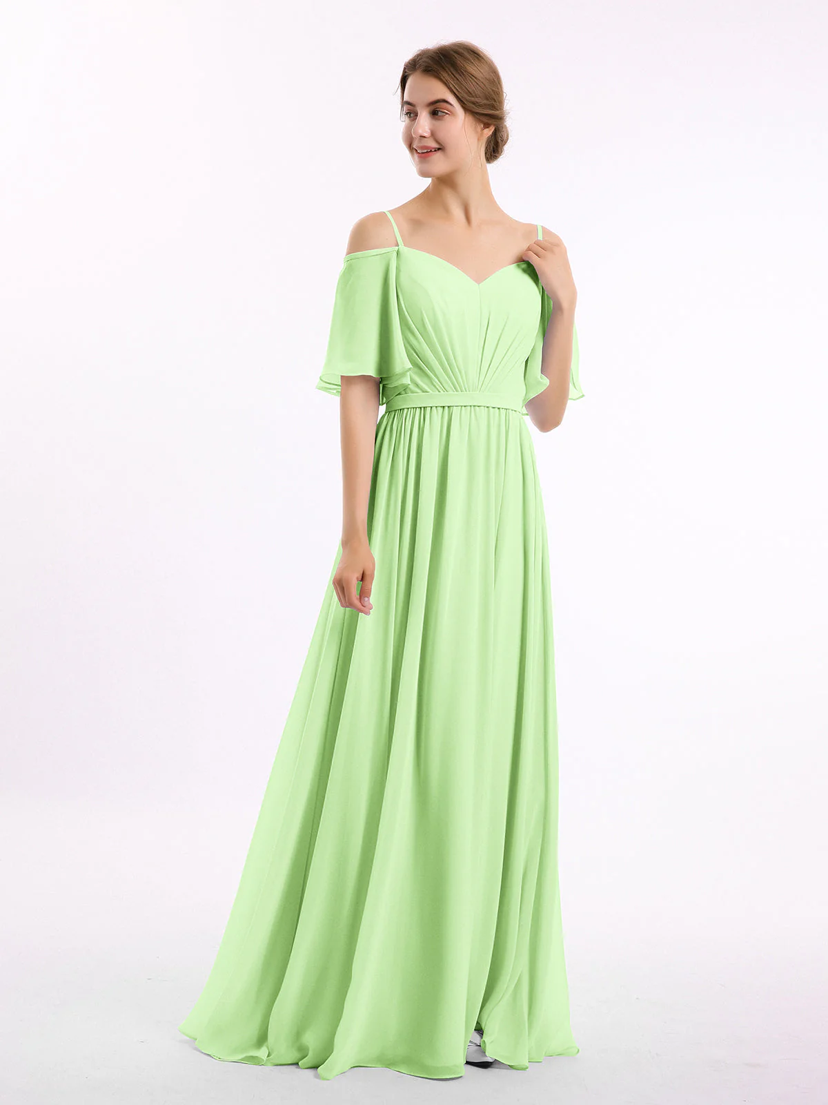 Off-The-Schulter Spaghetti TrÀger Chiffon Kleid Salbei - Image 3