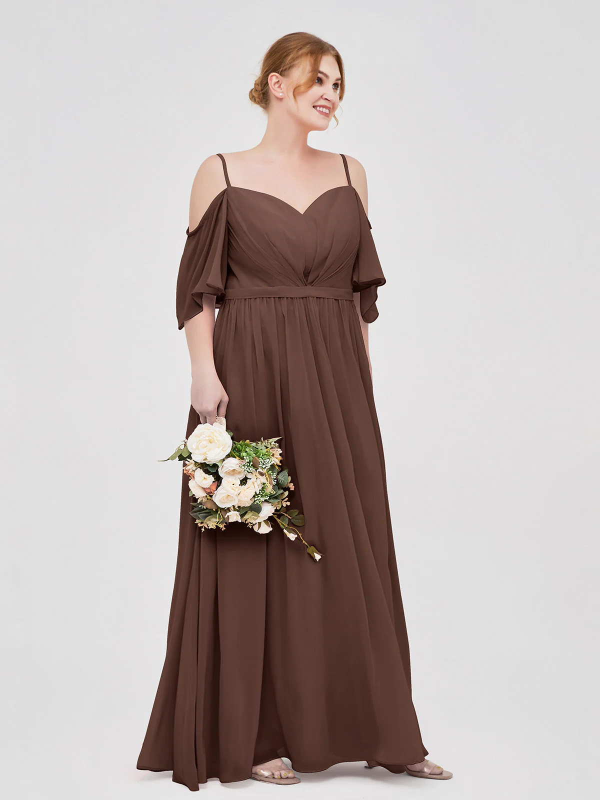 Off-The-Schulter Spaghetti Träger Chiffon Kleid Schokolade - Image 9