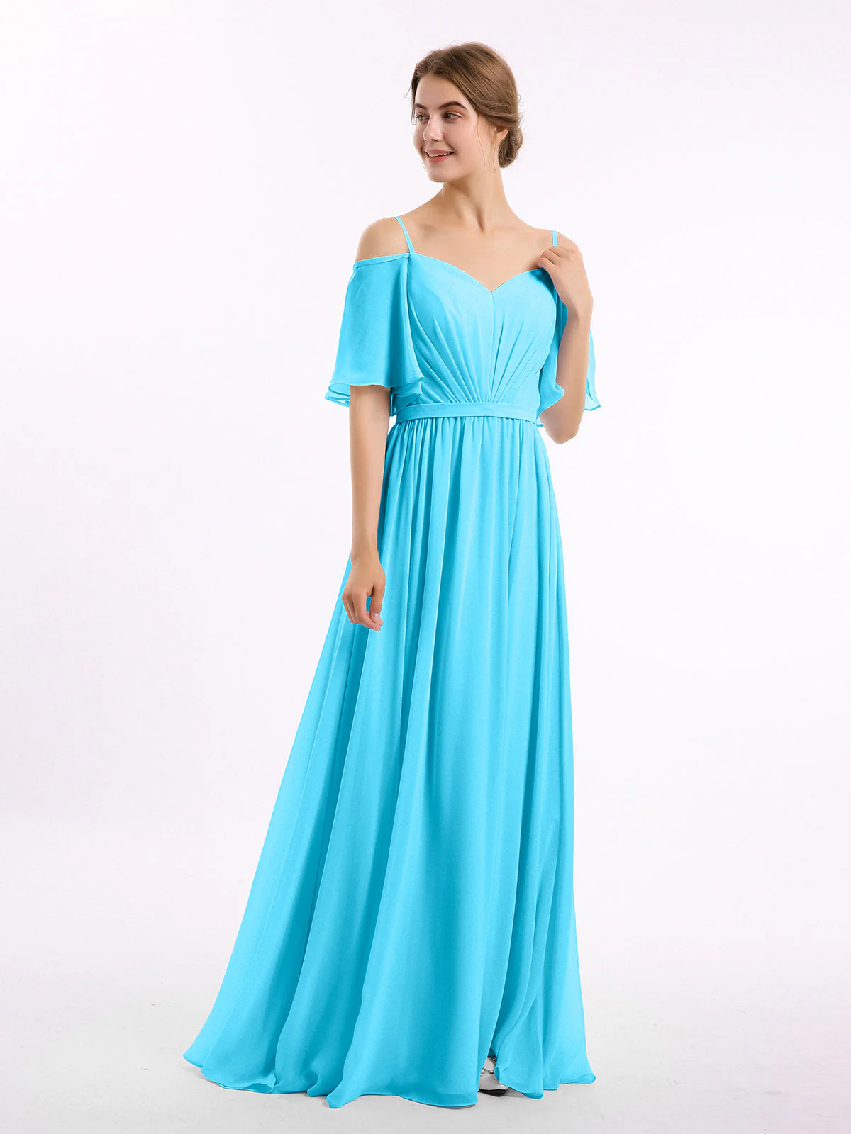 Off-The-Schulter Spaghetti Träger Chiffon Kleid Schwimmbadblau - Image 3