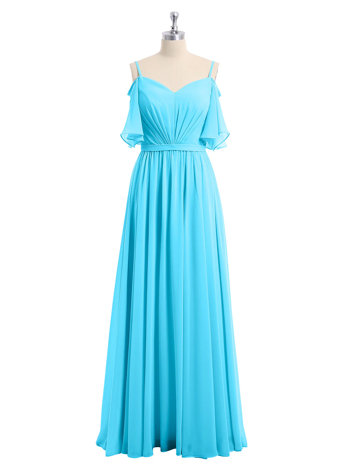 Off-The-Schulter Spaghetti Träger Chiffon Kleid Schwimmbadblau - Image 4