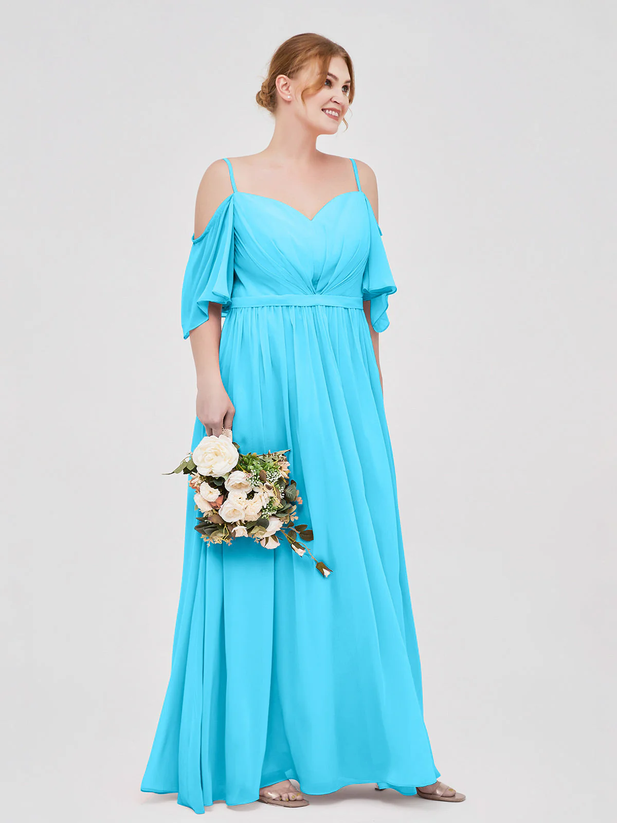 Off-The-Schulter Spaghetti Träger Chiffon Kleid Schwimmbadblau - Image 9