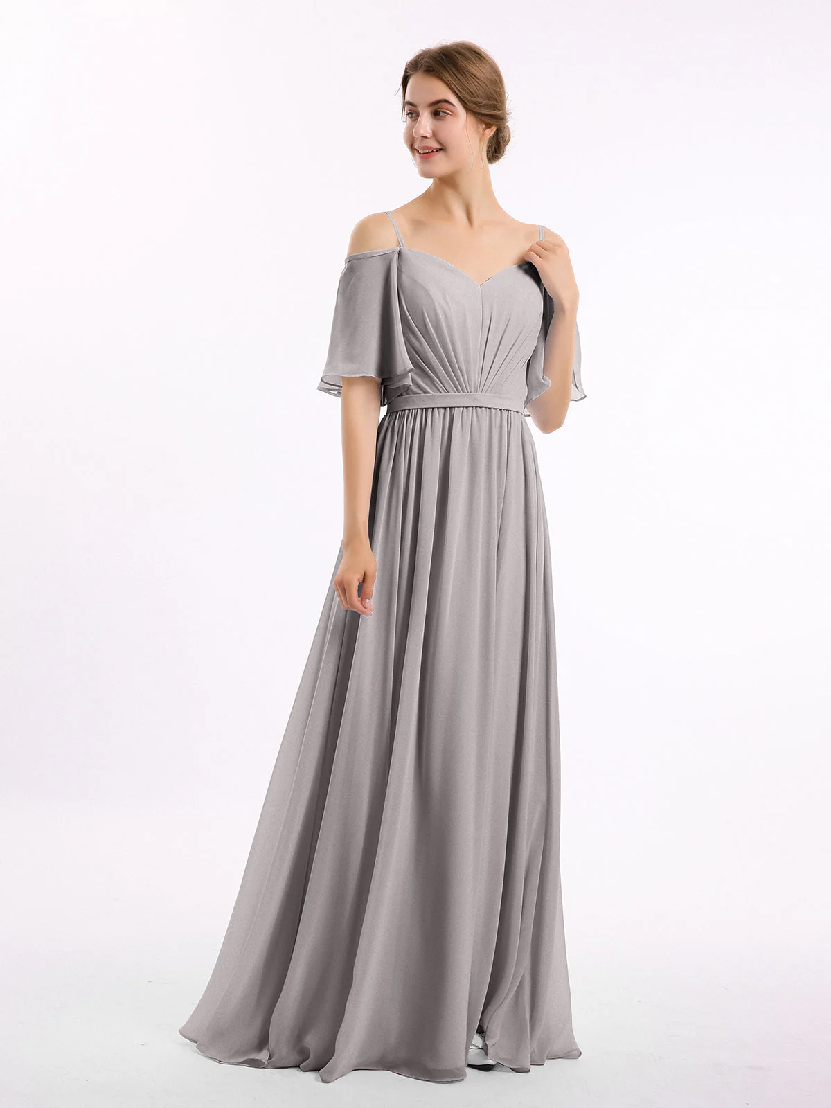 Off-The-Schulter Spaghetti TrÀger Chiffon Kleid Silber - Image 3