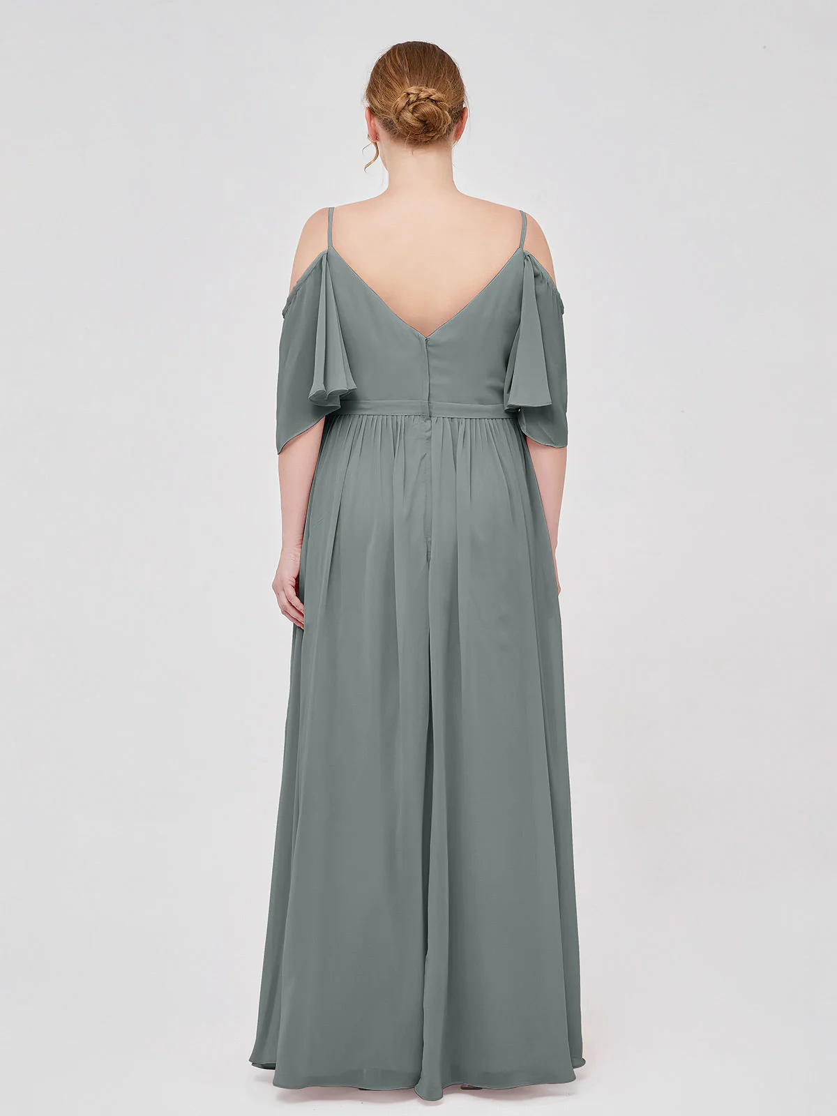 Off-The-Schulter Spaghetti Träger Chiffon Kleid Stahlgrau - Image 8