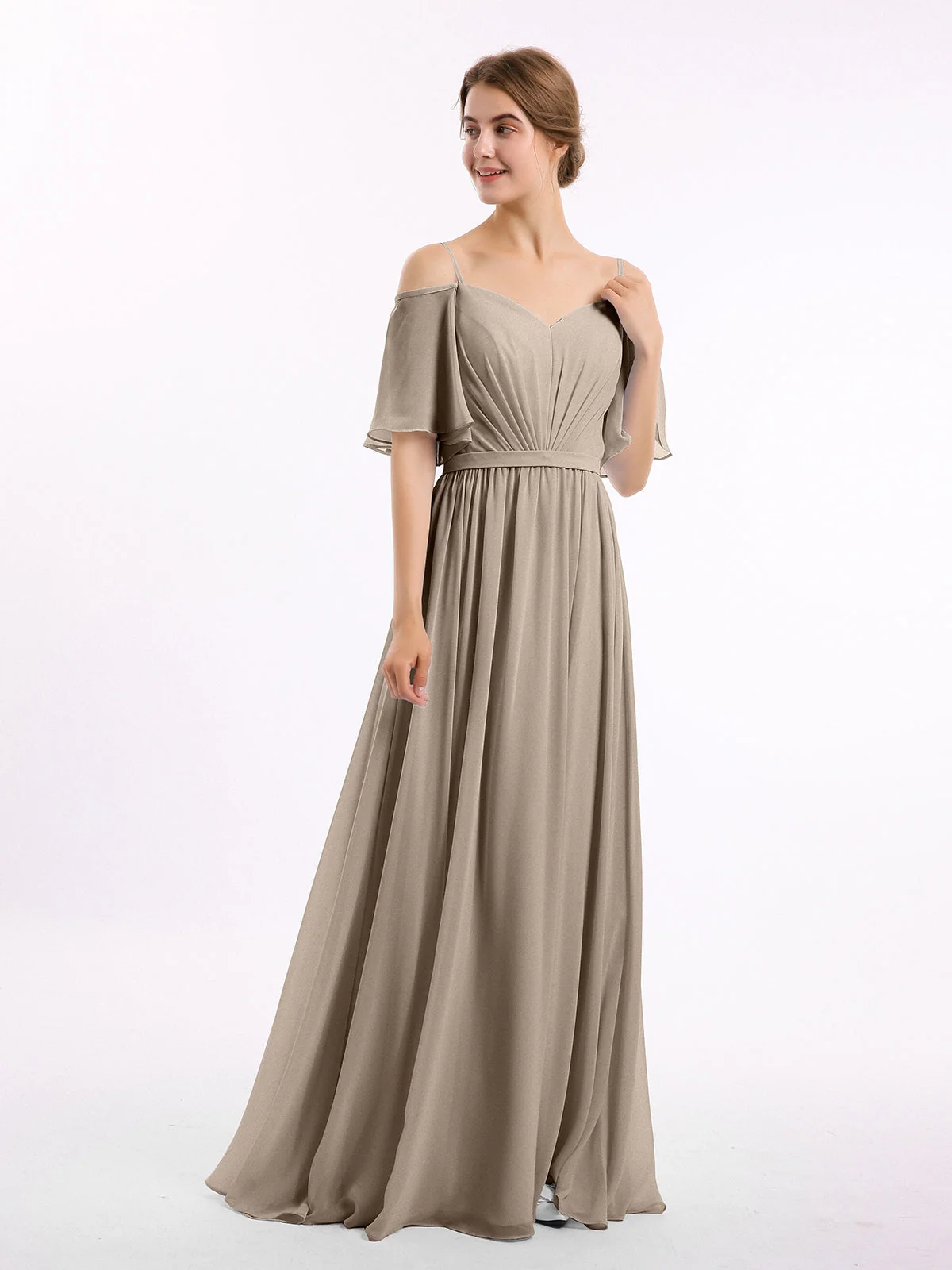 Off-The-Schulter Spaghetti Träger Chiffon Kleid Taupe - Image 3
