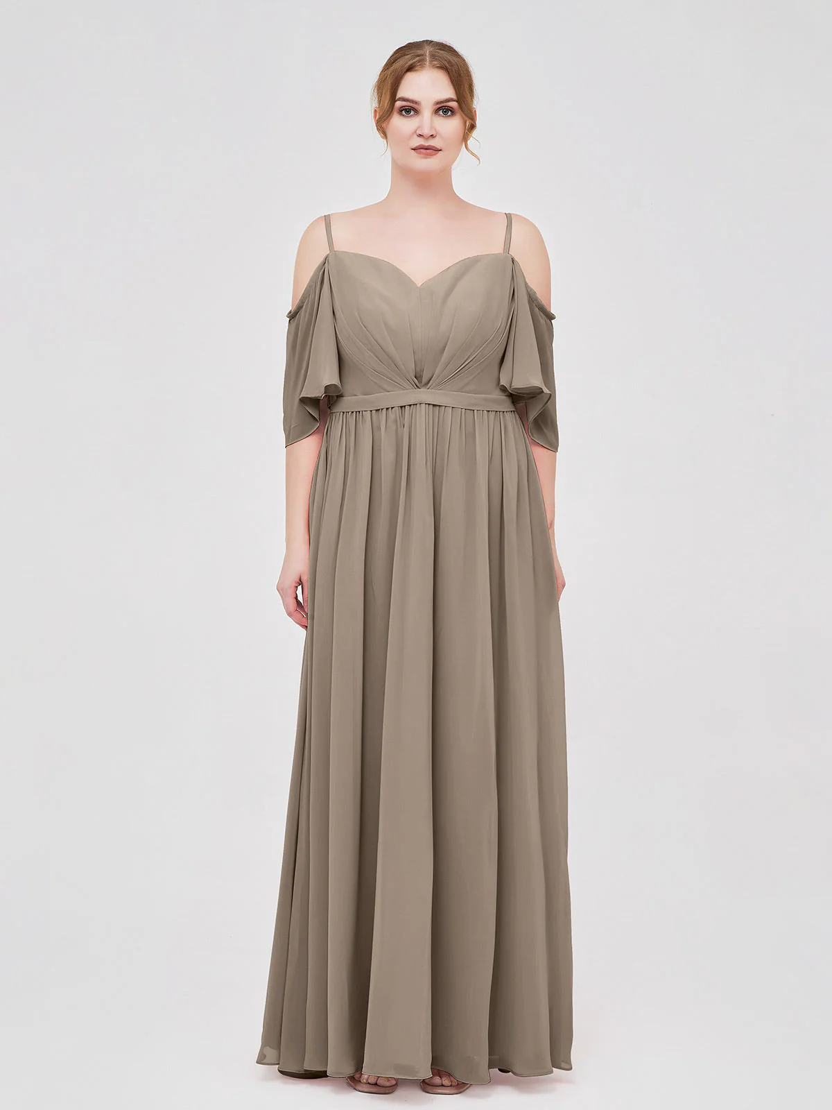 Off-The-Schulter Spaghetti Träger Chiffon Kleid Taupe - Image 7