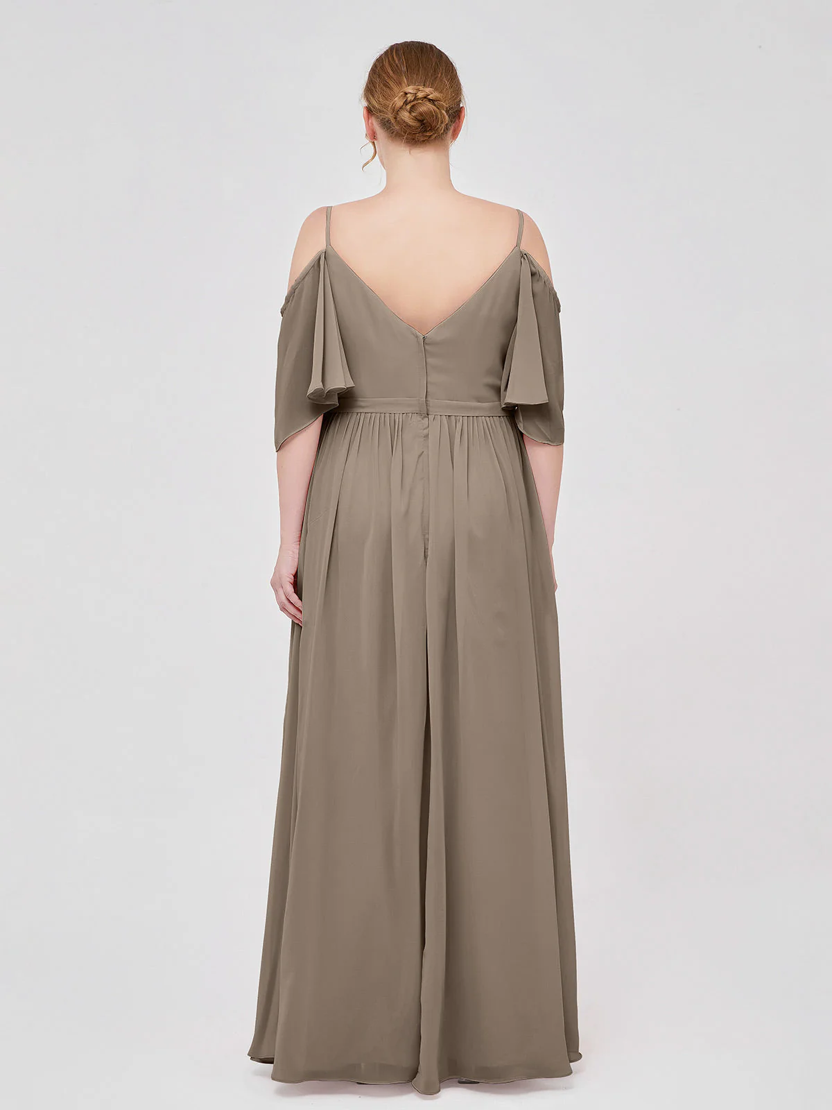 Off-The-Schulter Spaghetti Träger Chiffon Kleid Taupe - Image 8