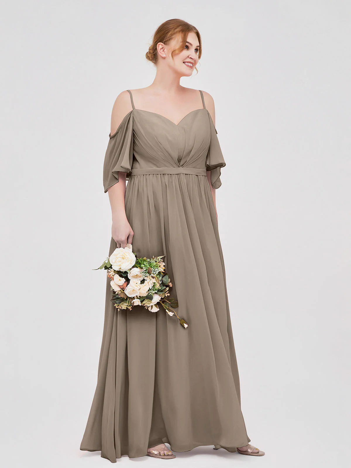 Off-The-Schulter Spaghetti Träger Chiffon Kleid Taupe - Image 9