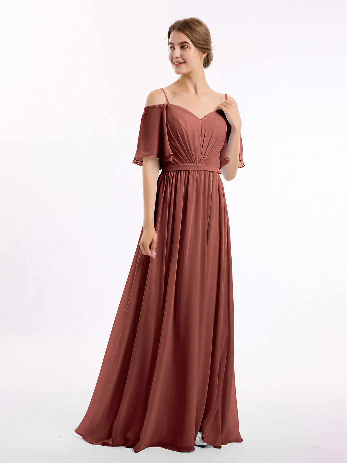 Off-The-Schulter Spaghetti Träger Chiffon Kleid Terrakotta - Image 3