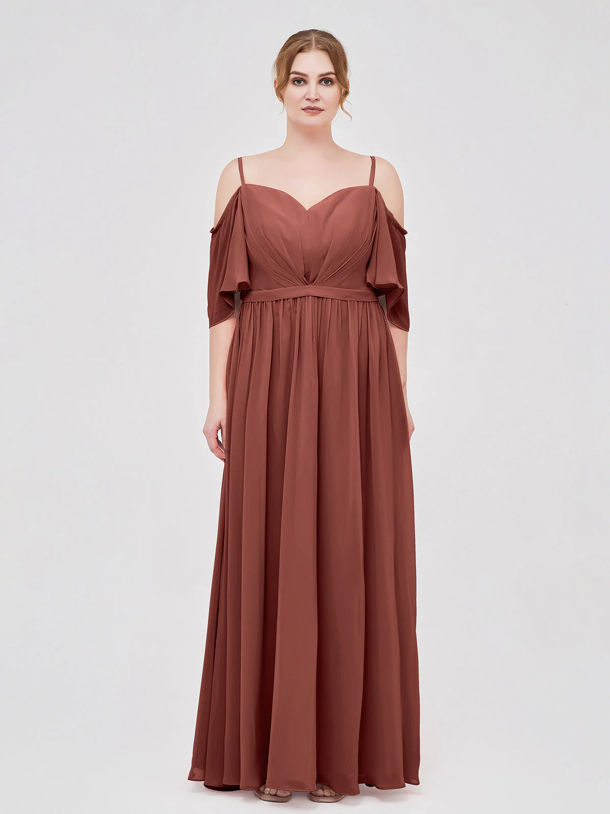 Off-The-Schulter Spaghetti Träger Chiffon Kleid Terrakotta - Image 7