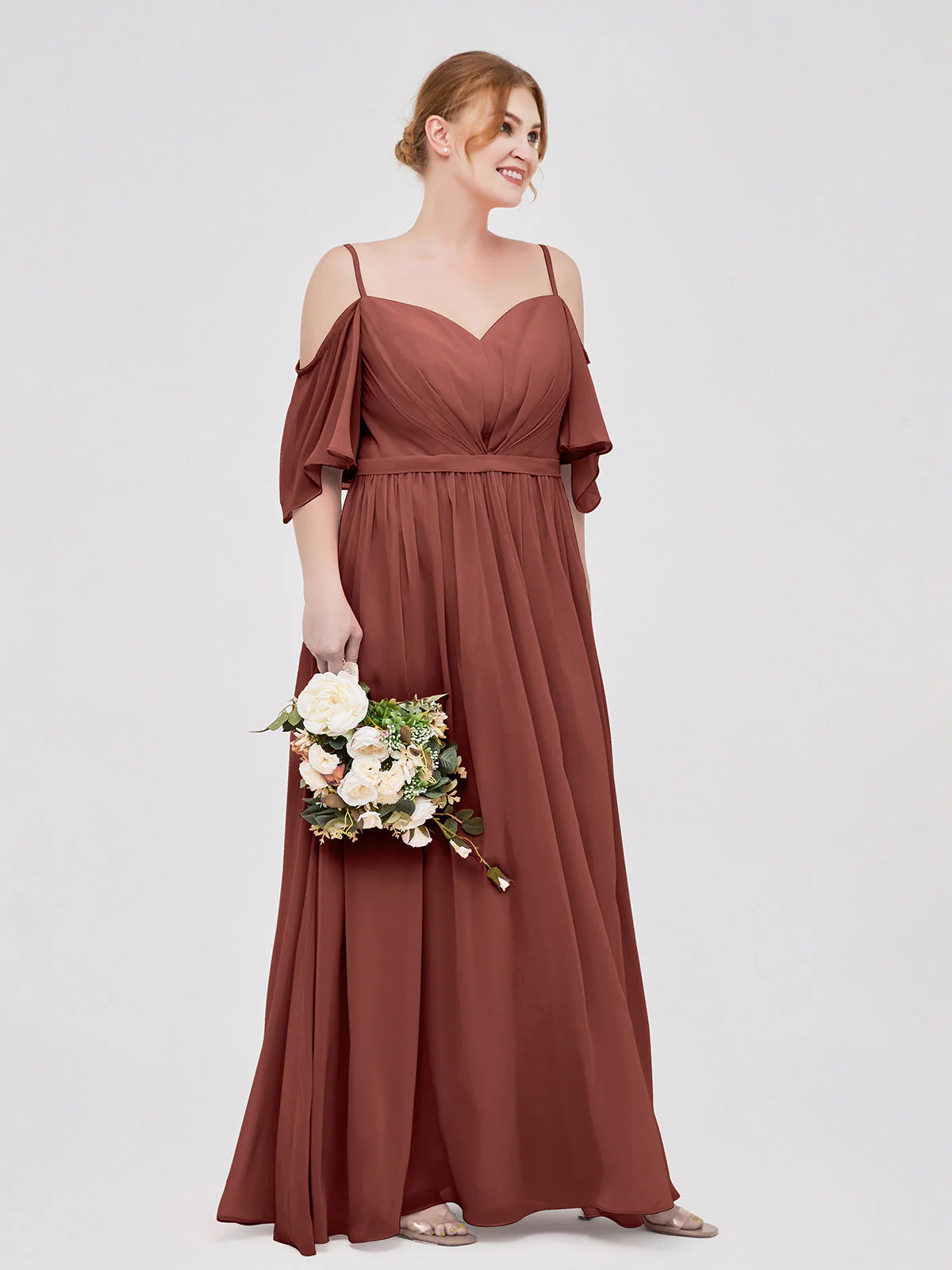 Off-The-Schulter Spaghetti Träger Chiffon Kleid Terrakotta - Image 9