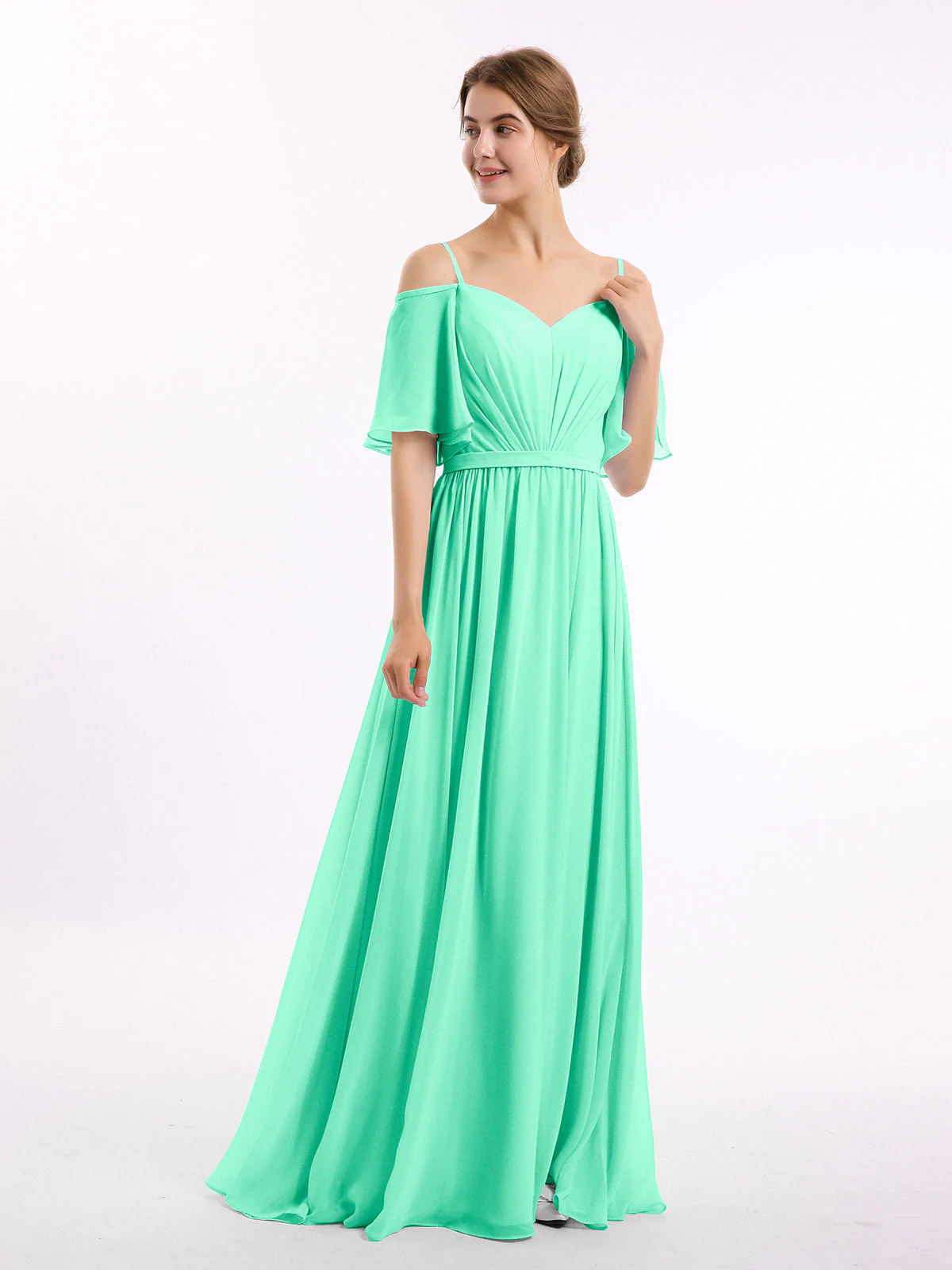 Off-The-Schulter Spaghetti Träger Chiffon Kleid Türkis - Image 3