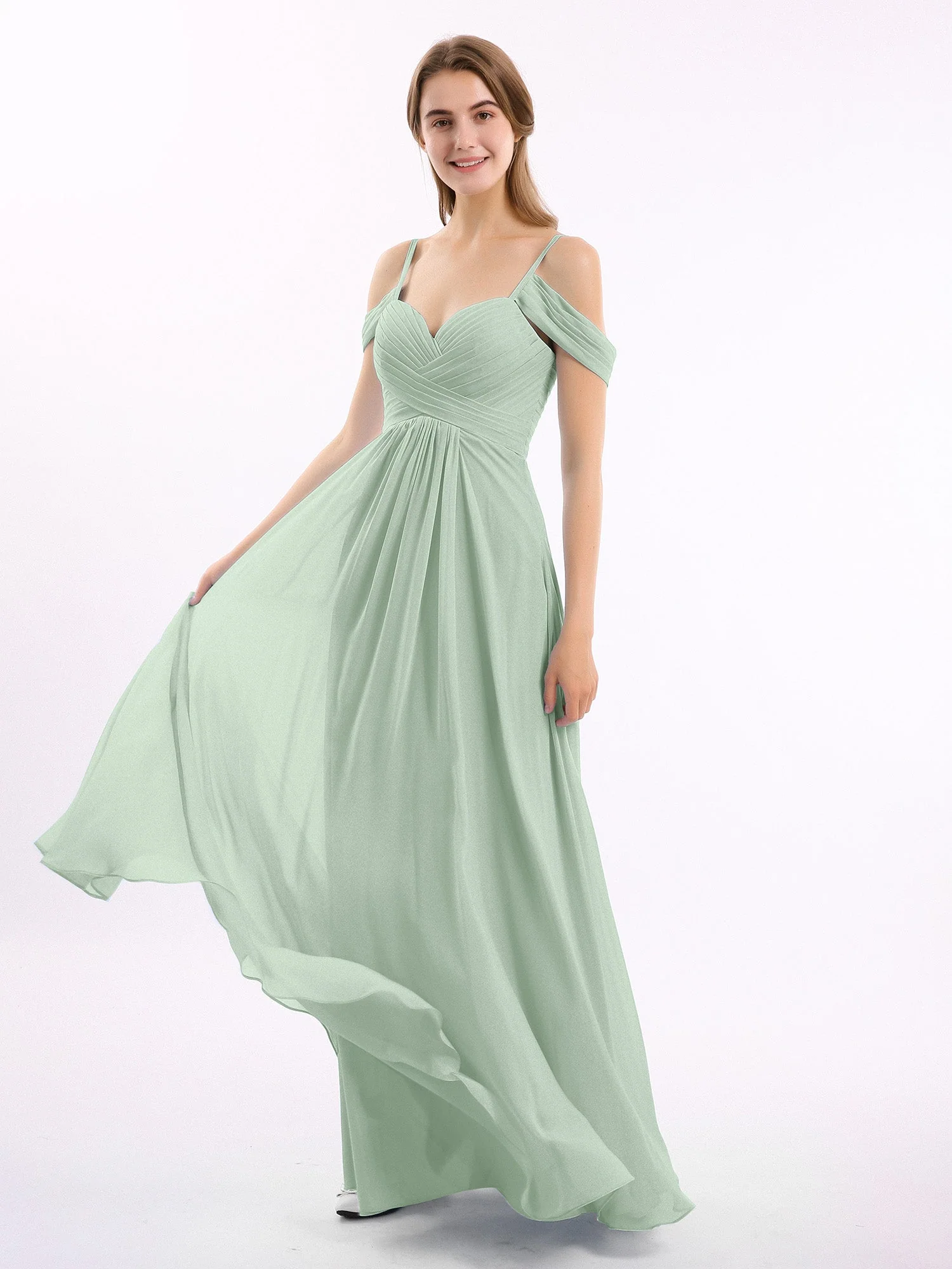 Off-The-Schulter Spaghetti Träger Chiffon Kleid Agavengrün - Image 3