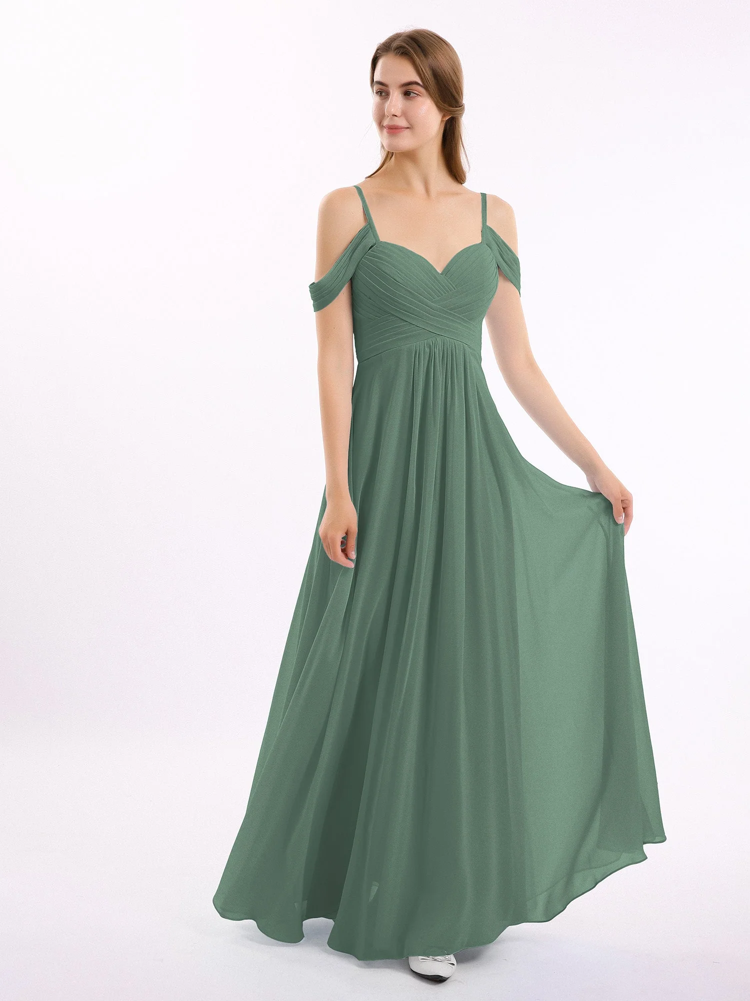 Off-The-Schulter Spaghetti TrÀger Chiffon Kleid Eukalyptus