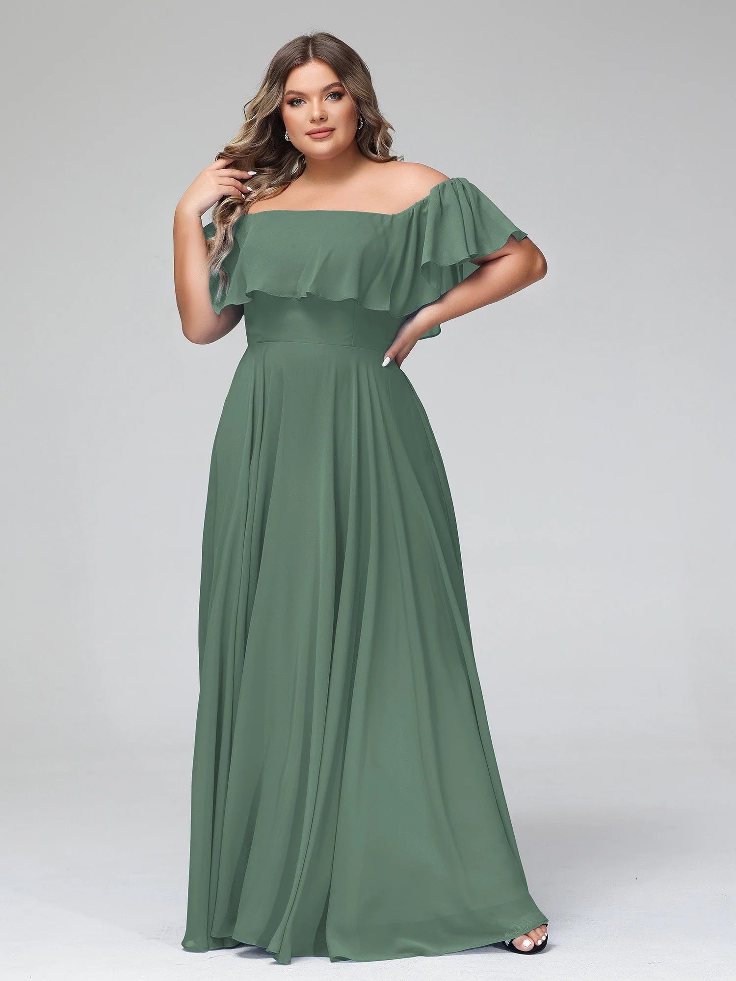 Off-The-Schulter Voller Länge Chiffon Kleid Eukalyptus Hazel - Image 10