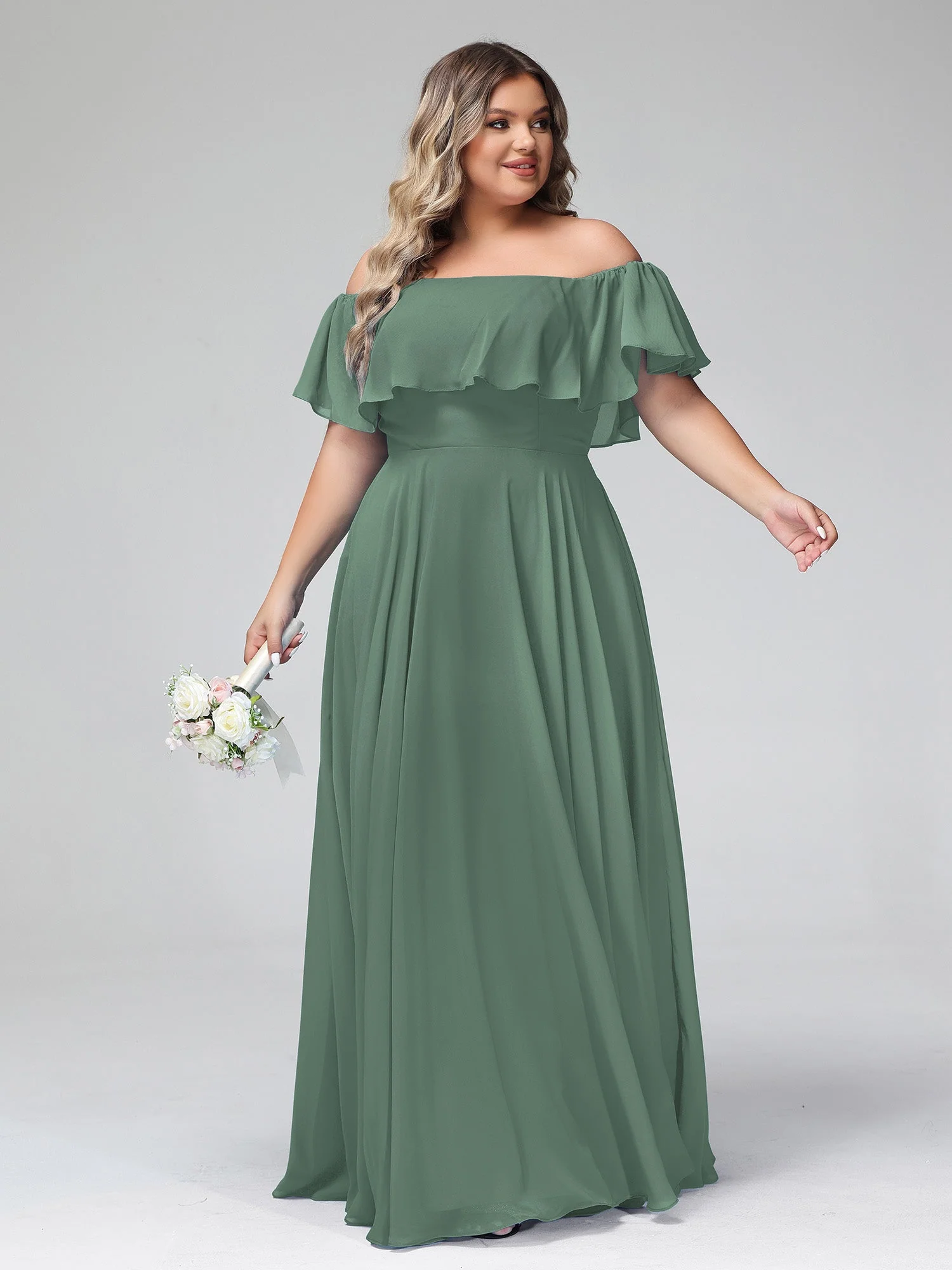 Off-The-Schulter Voller Länge Chiffon Kleid Eukalyptus Hazel - Image 11