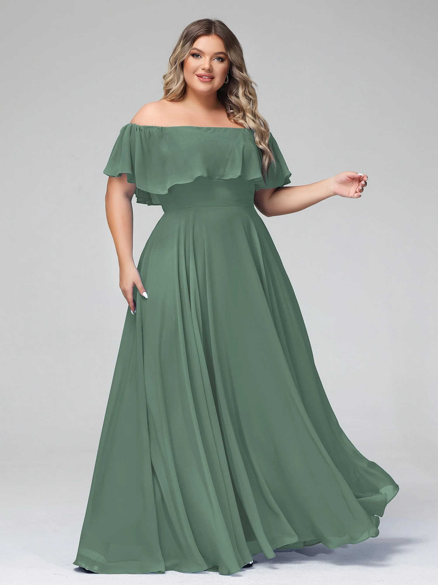 Off-The-Schulter Voller Länge Chiffon Kleid Eukalyptus Hazel - Image 12