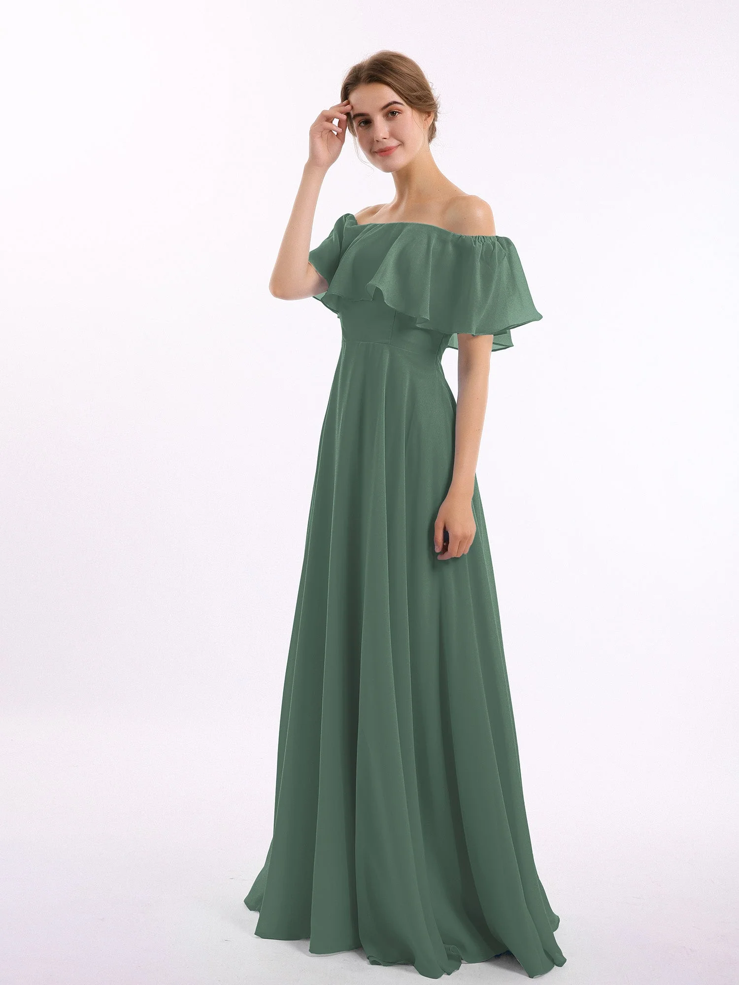 Off-The-Schulter Voller Länge Chiffon Kleid Eukalyptus Hazel - Image 3