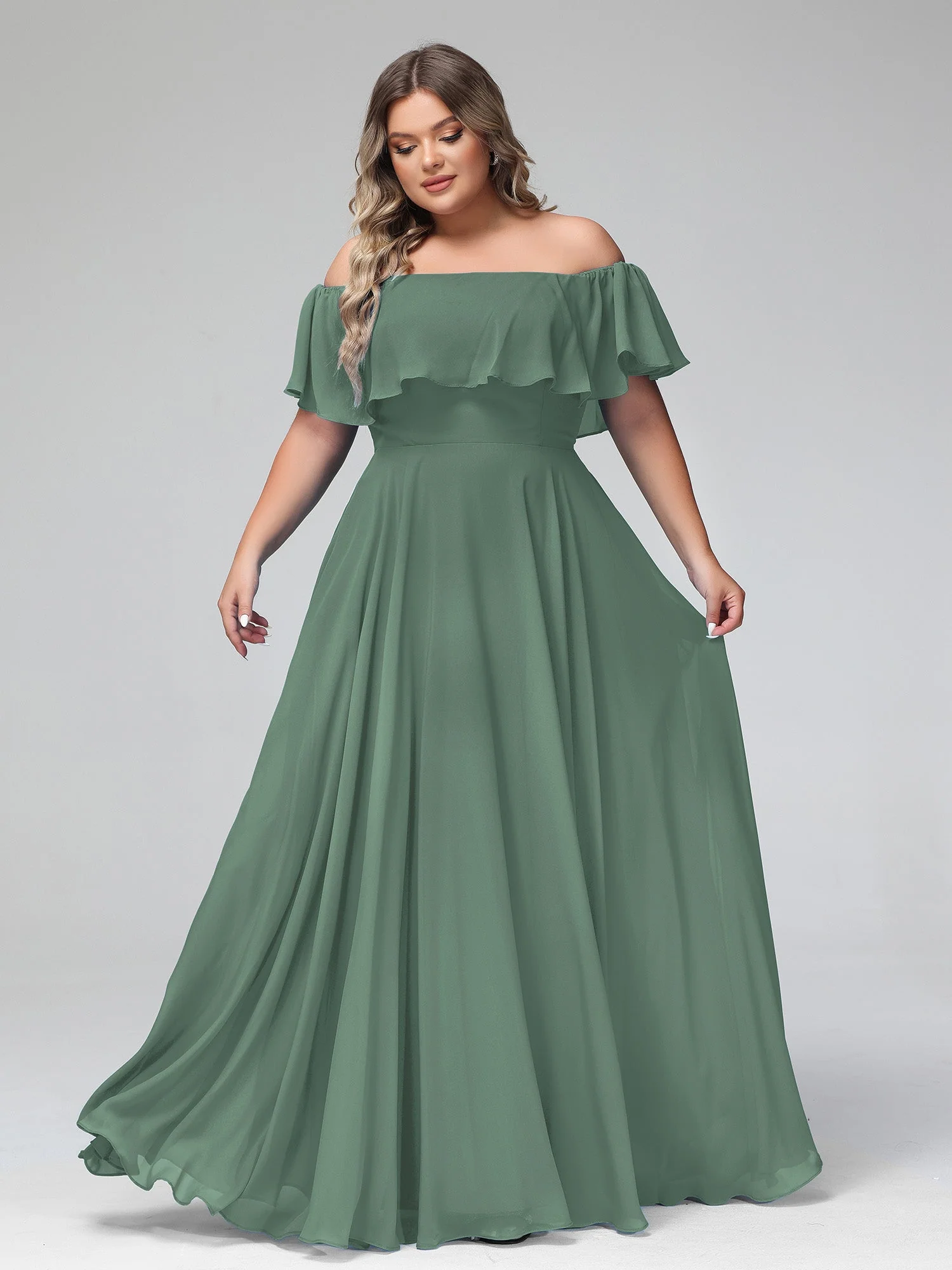 Off-The-Schulter Voller Länge Chiffon Kleid Eukalyptus Hazel - Image 7