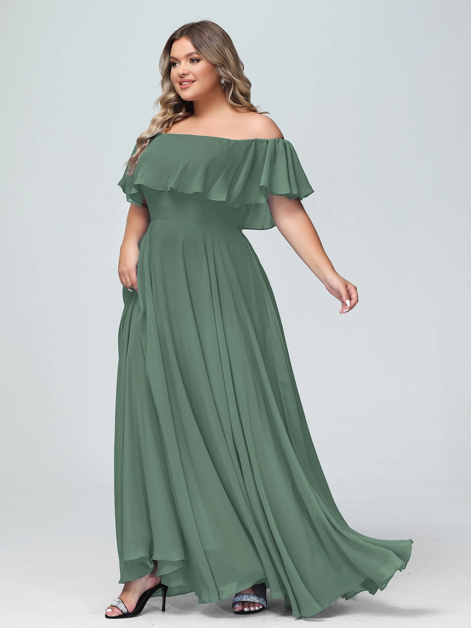 Off-The-Schulter Voller Länge Chiffon Kleid Eukalyptus Hazel - Image 9
