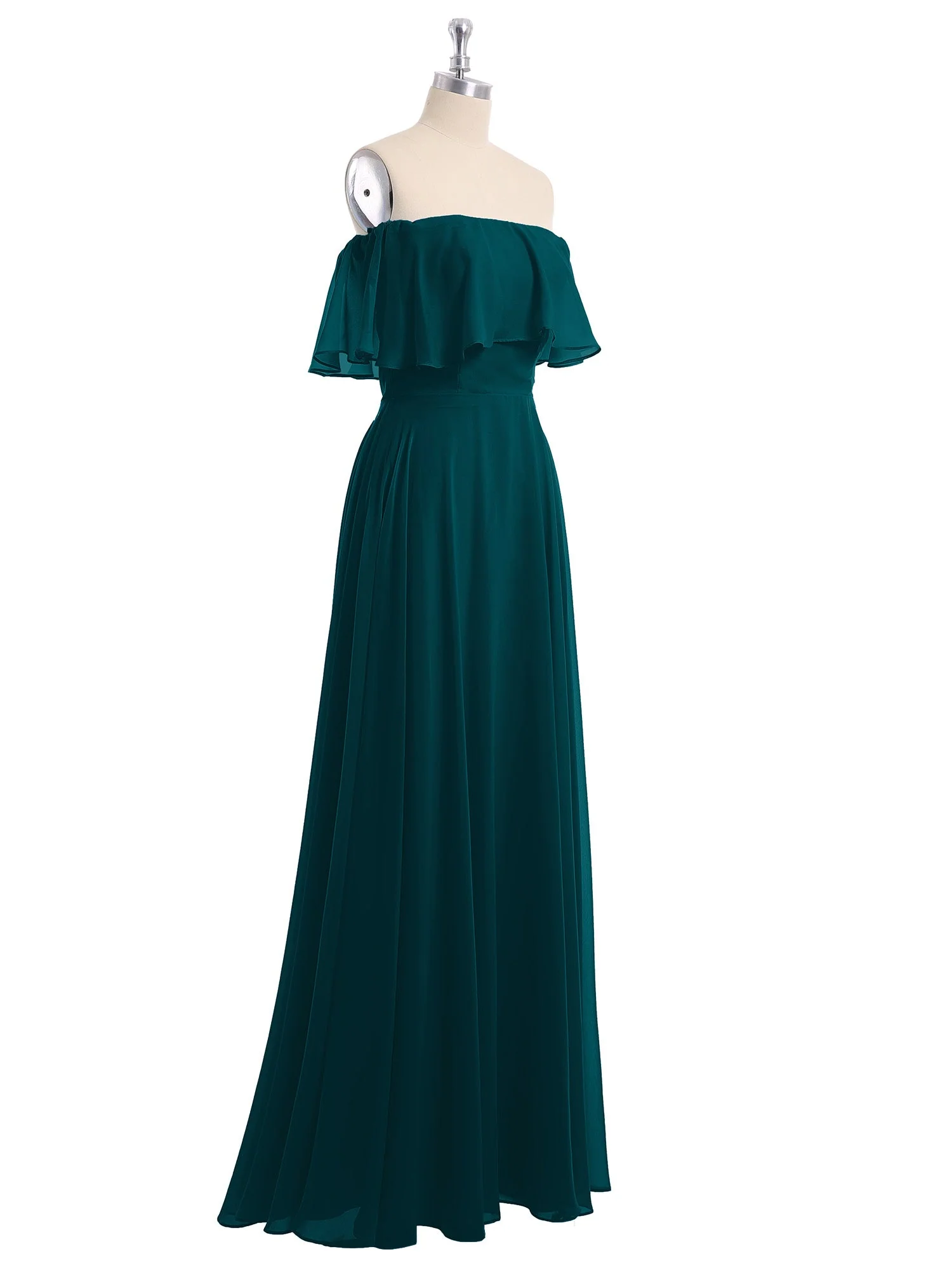 Off-The-Schulter Voller Länge Chiffon Kleid Kieferngrün Hazel - Image 6