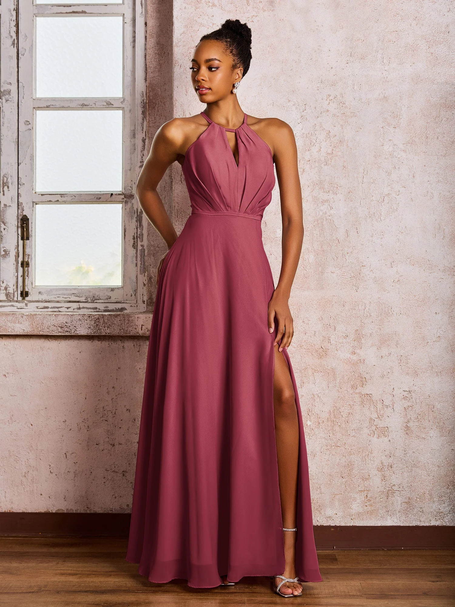 Offener Rücken Halter Schleife Chiffon Lang Kleider mit Schlitz Zimtrose