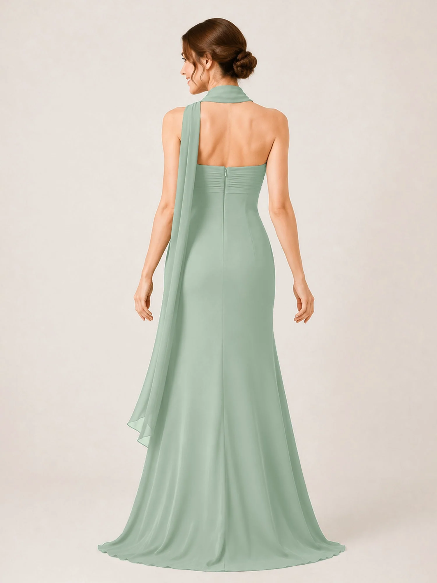 Chiffon Maxikleid mit Hohem Schlitz und Choker Band Agavengrün - Image 2