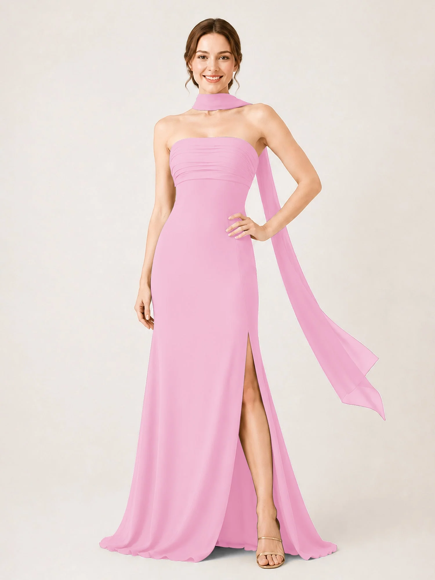 Chiffon Maxikleid mit Hohem Schlitz und Choker Band Bonbonrosa