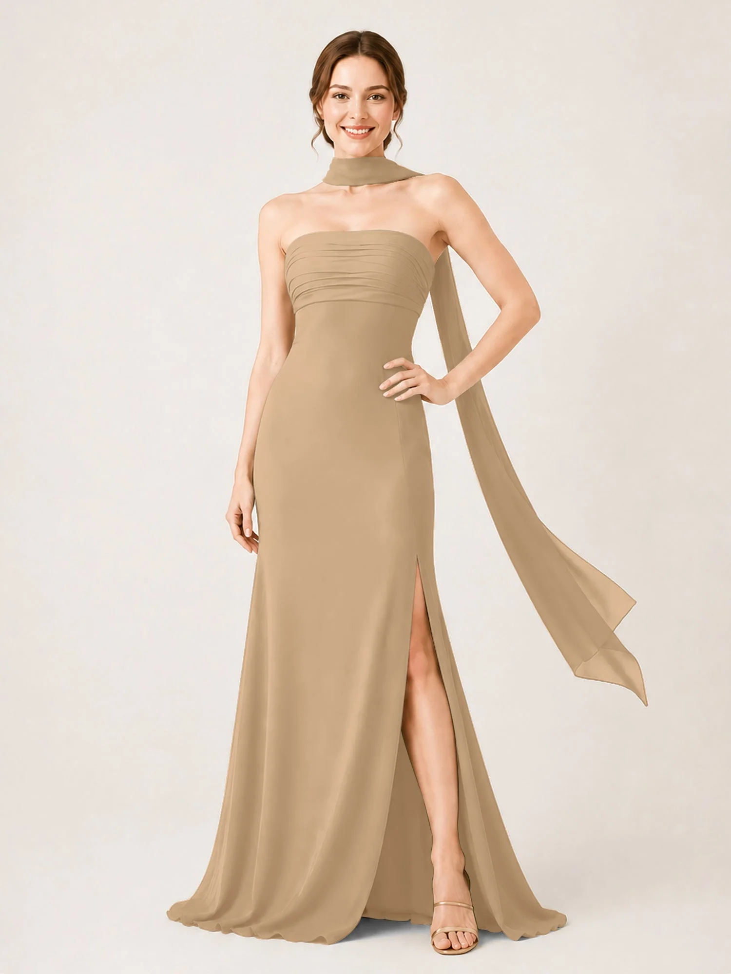 Chiffon Maxikleid mit Hohem Schlitz und Choker Band Champagner
