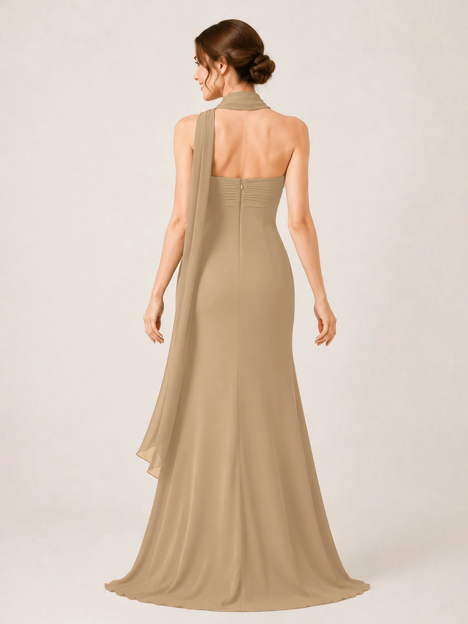 Chiffon Maxikleid mit Hohem Schlitz und Choker Band Champagner - Image 2