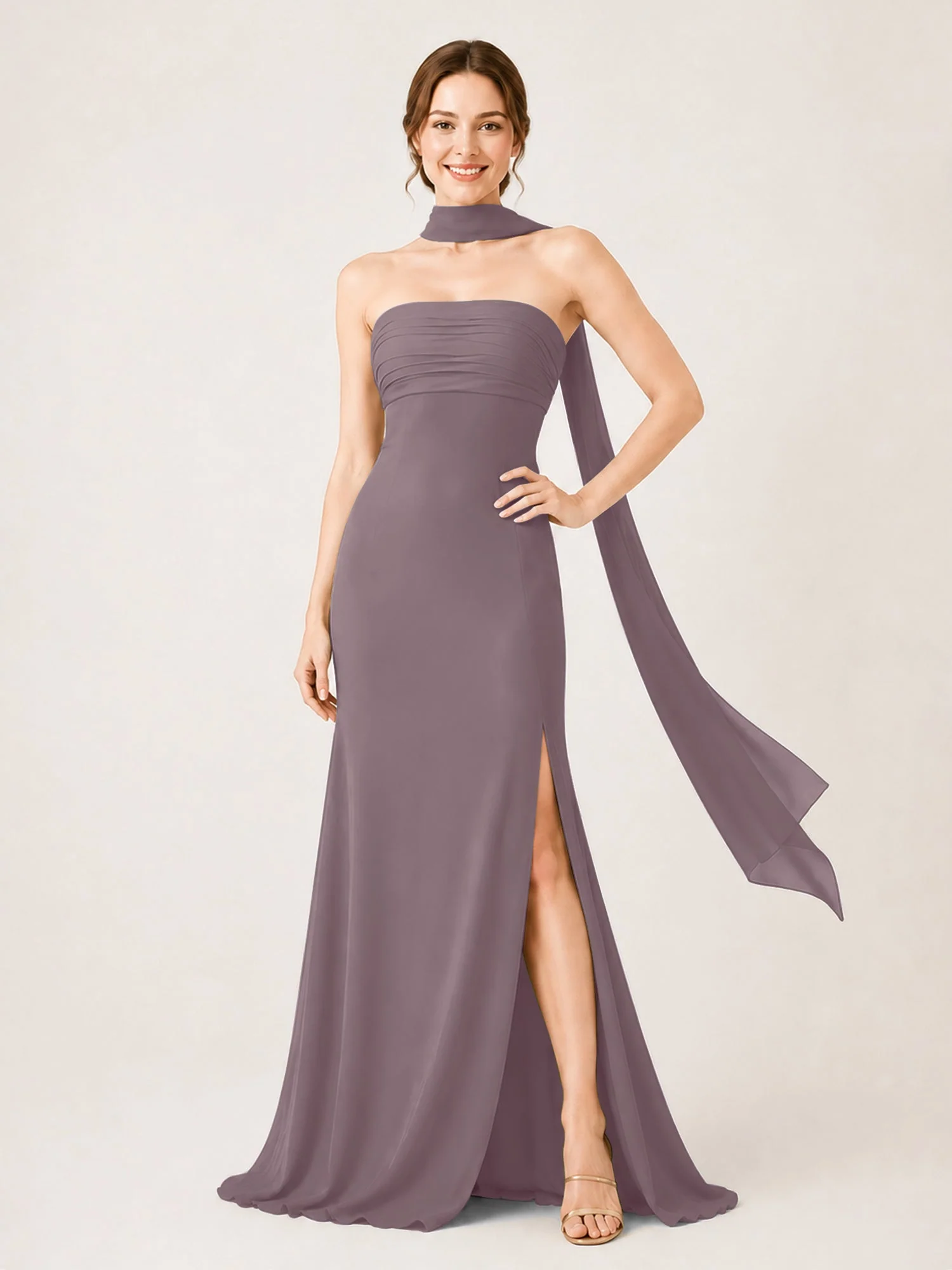 Chiffon Maxikleid mit Hohem Schlitz und Choker Band DĂ€mmerung