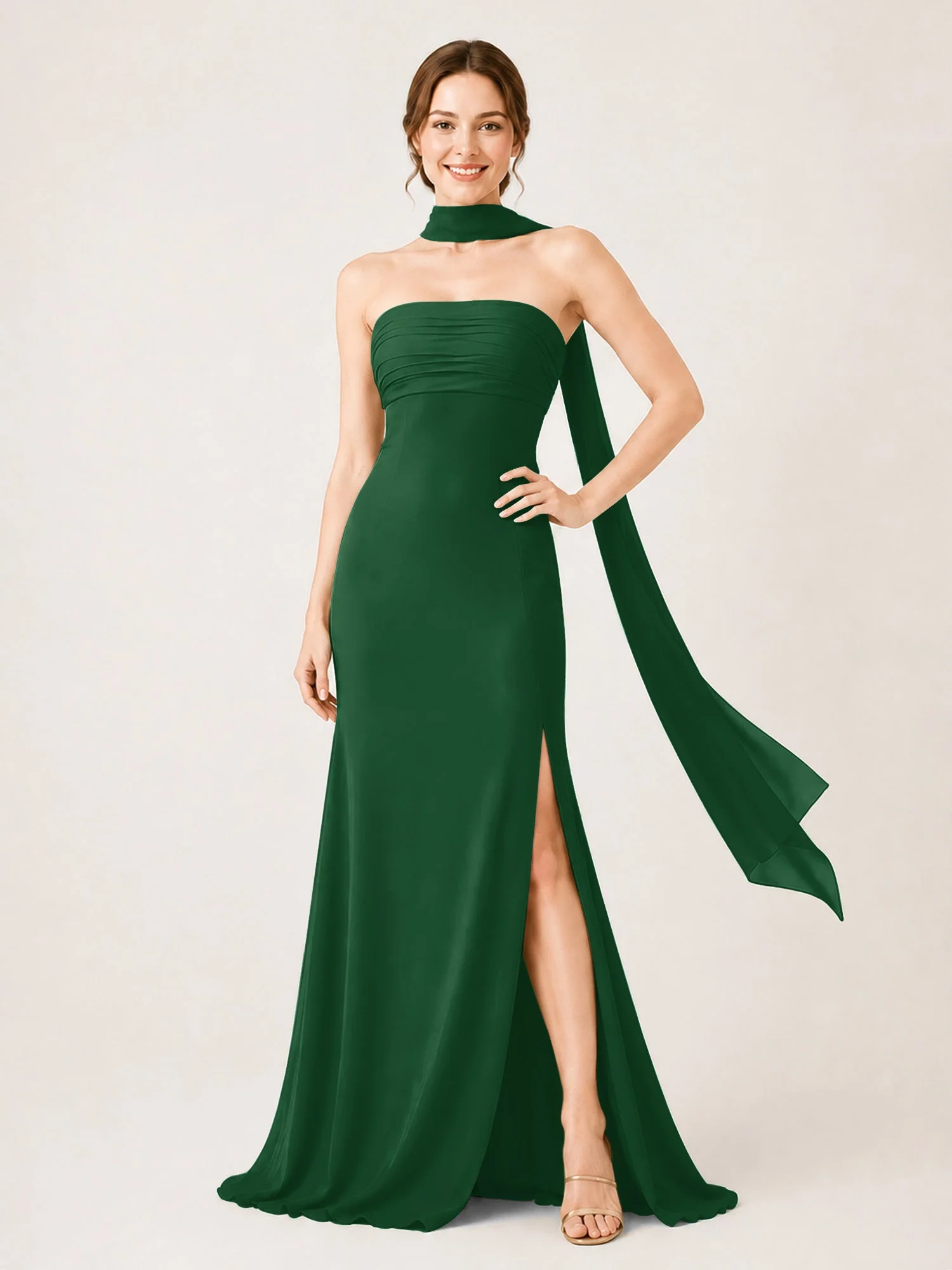 Chiffon Maxikleid mit Hohem Schlitz und Choker Band Dunkelgrün