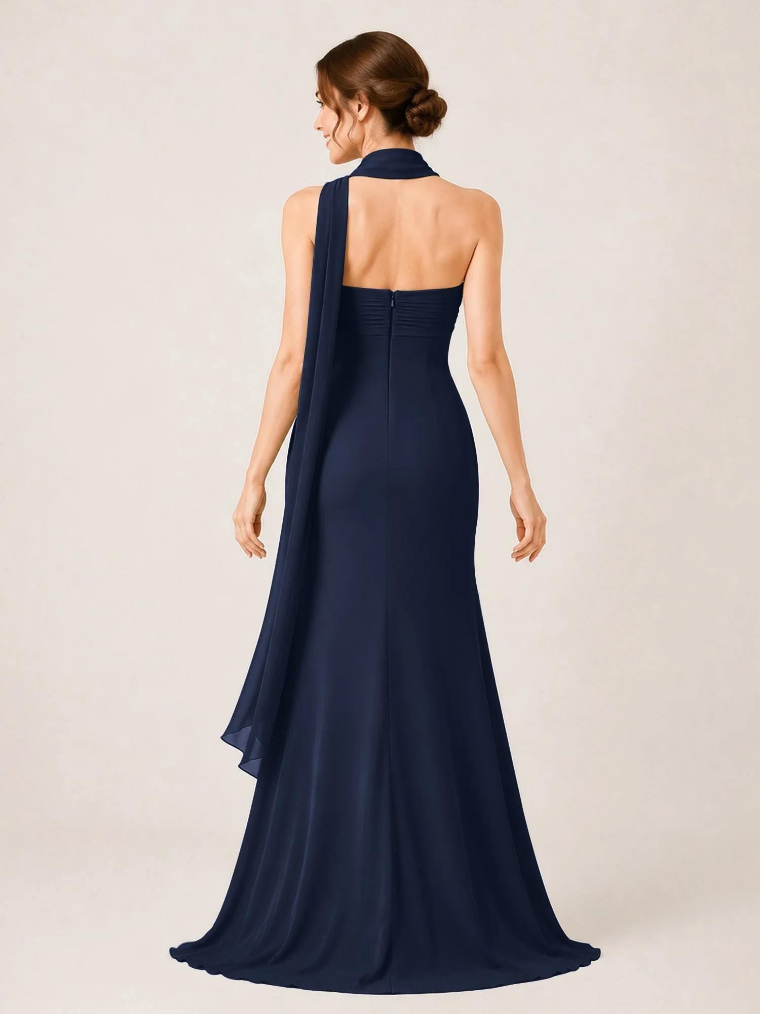 Chiffon Maxikleid mit Hohem Schlitz und Choker Band Dunkelmarine - Image 2