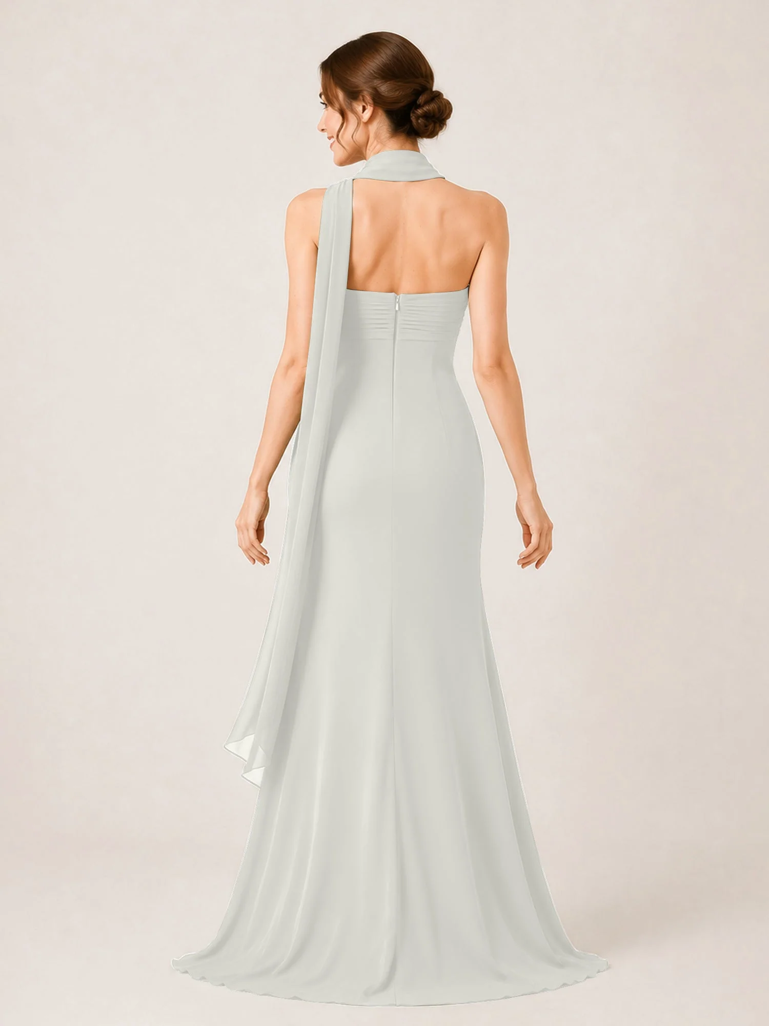 Chiffon Maxikleid mit Hohem Schlitz und Choker Band Elfenbein - Image 2