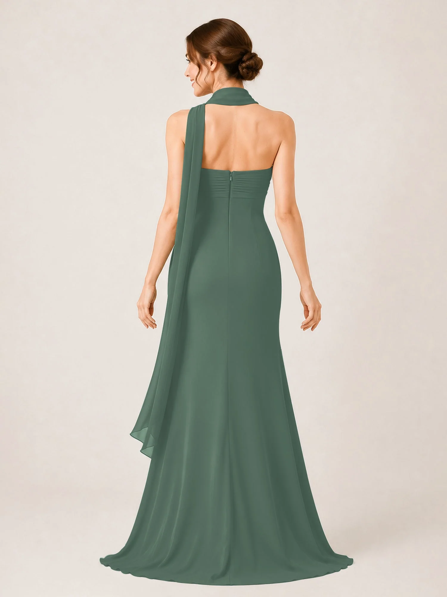 Chiffon Maxikleid mit Hohem Schlitz und Choker Band Eukalyptus - Image 2