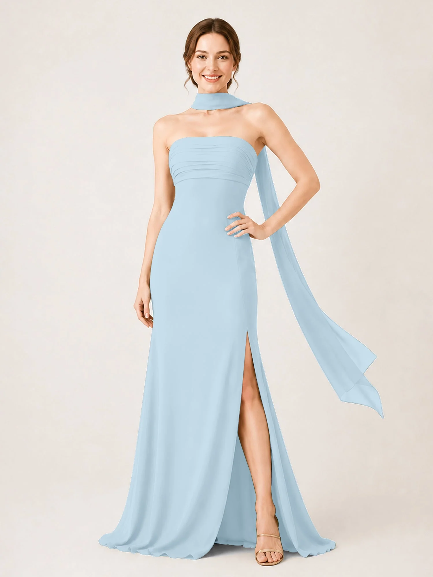 Chiffon Maxikleid mit Hohem Schlitz und Choker Band Himmelblau