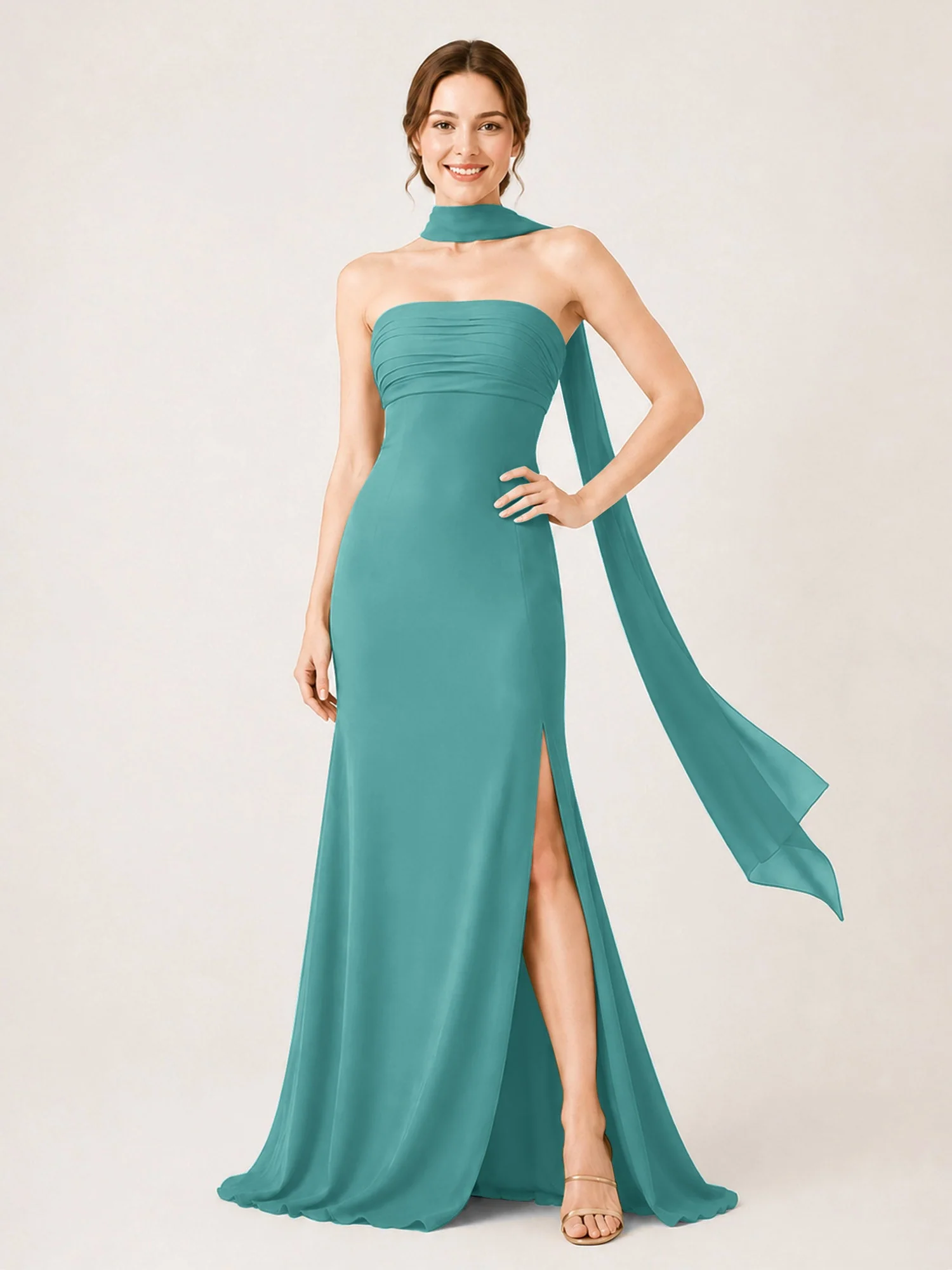 Chiffon Maxikleid mit Hohem Schlitz und Choker Band Jade