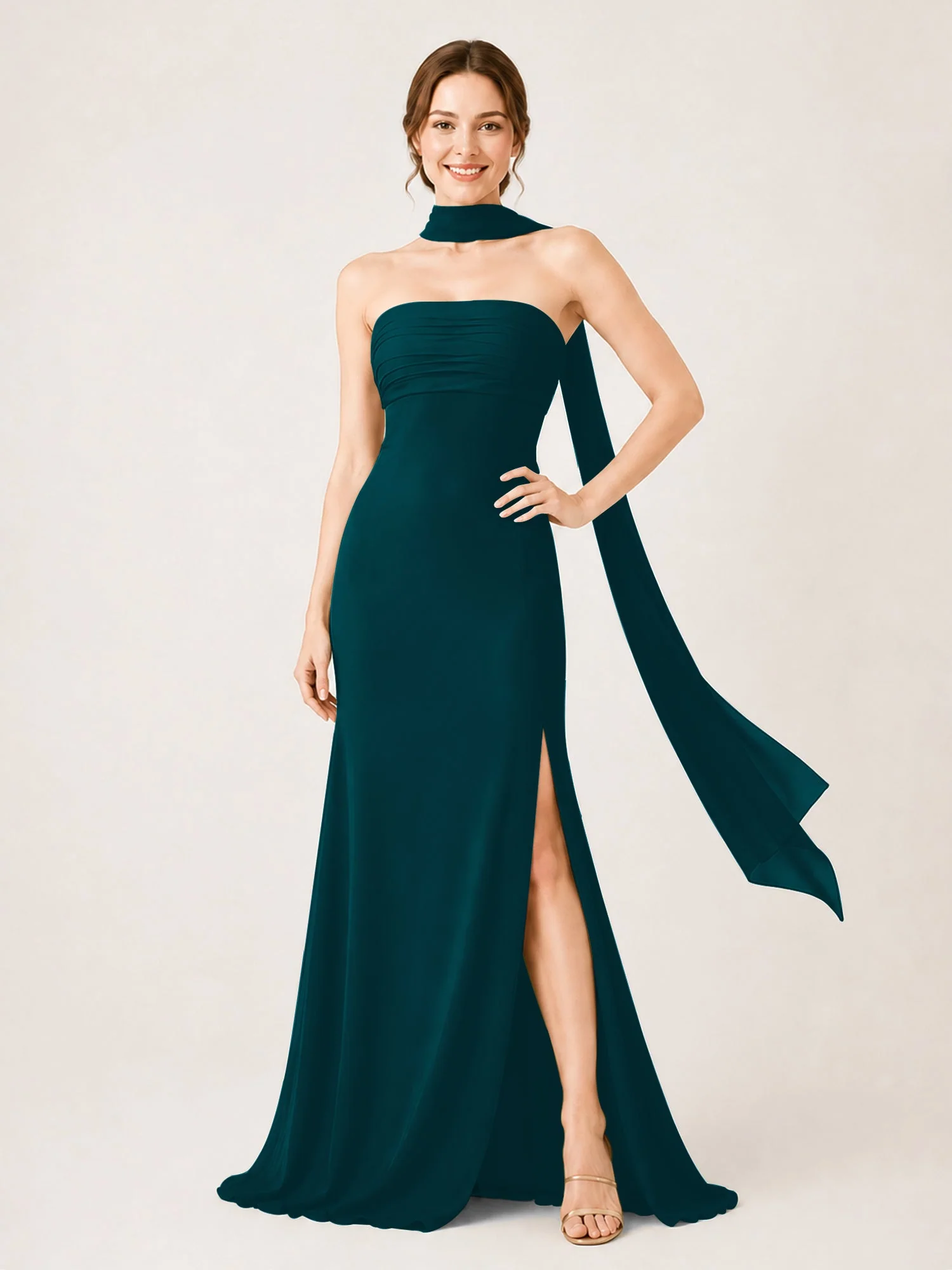 Chiffon Maxikleid mit Hohem Schlitz und Choker Band Kieferngrün