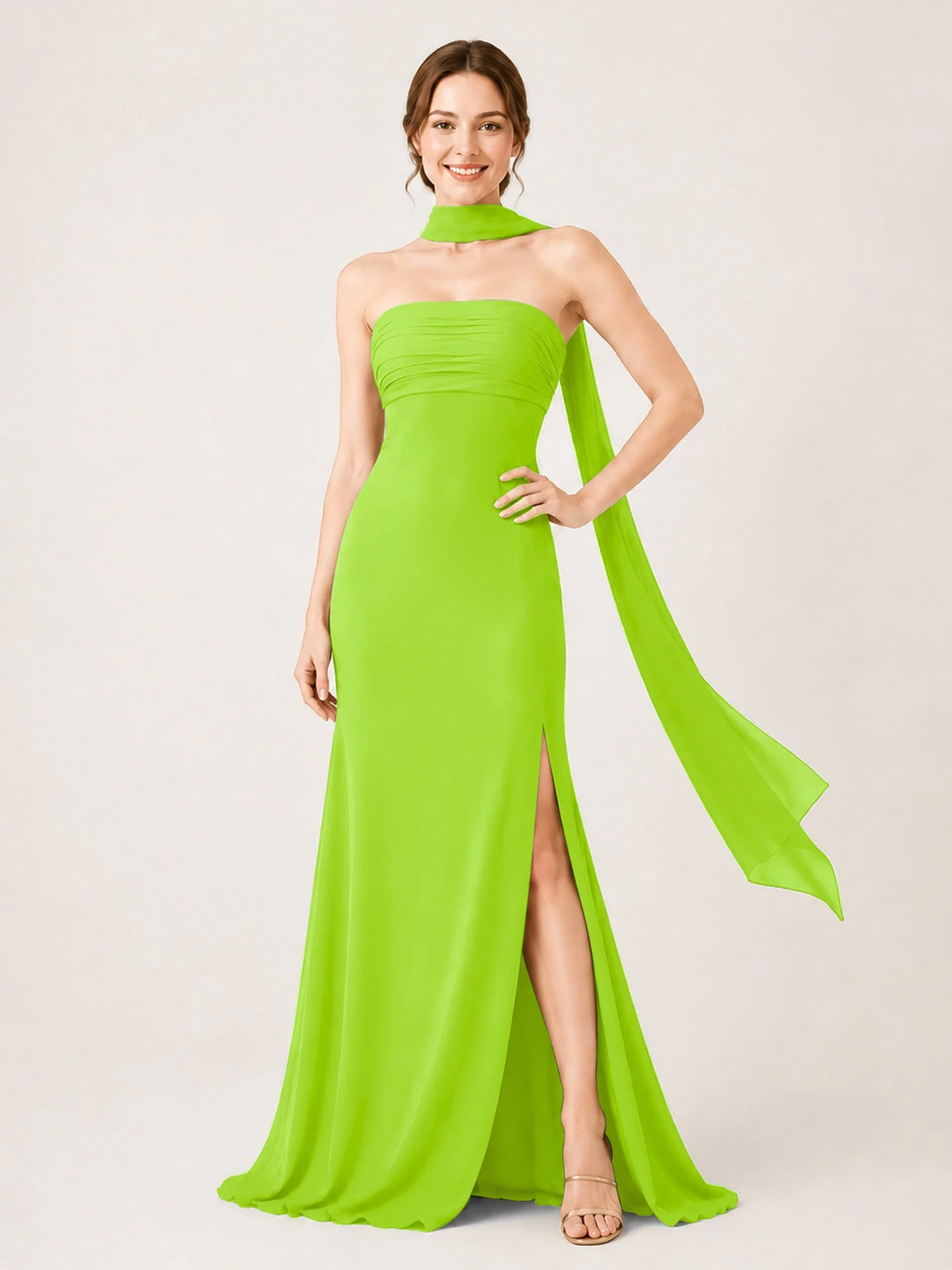 Chiffon Maxikleid mit Hohem Schlitz und Choker Band Lindgrün