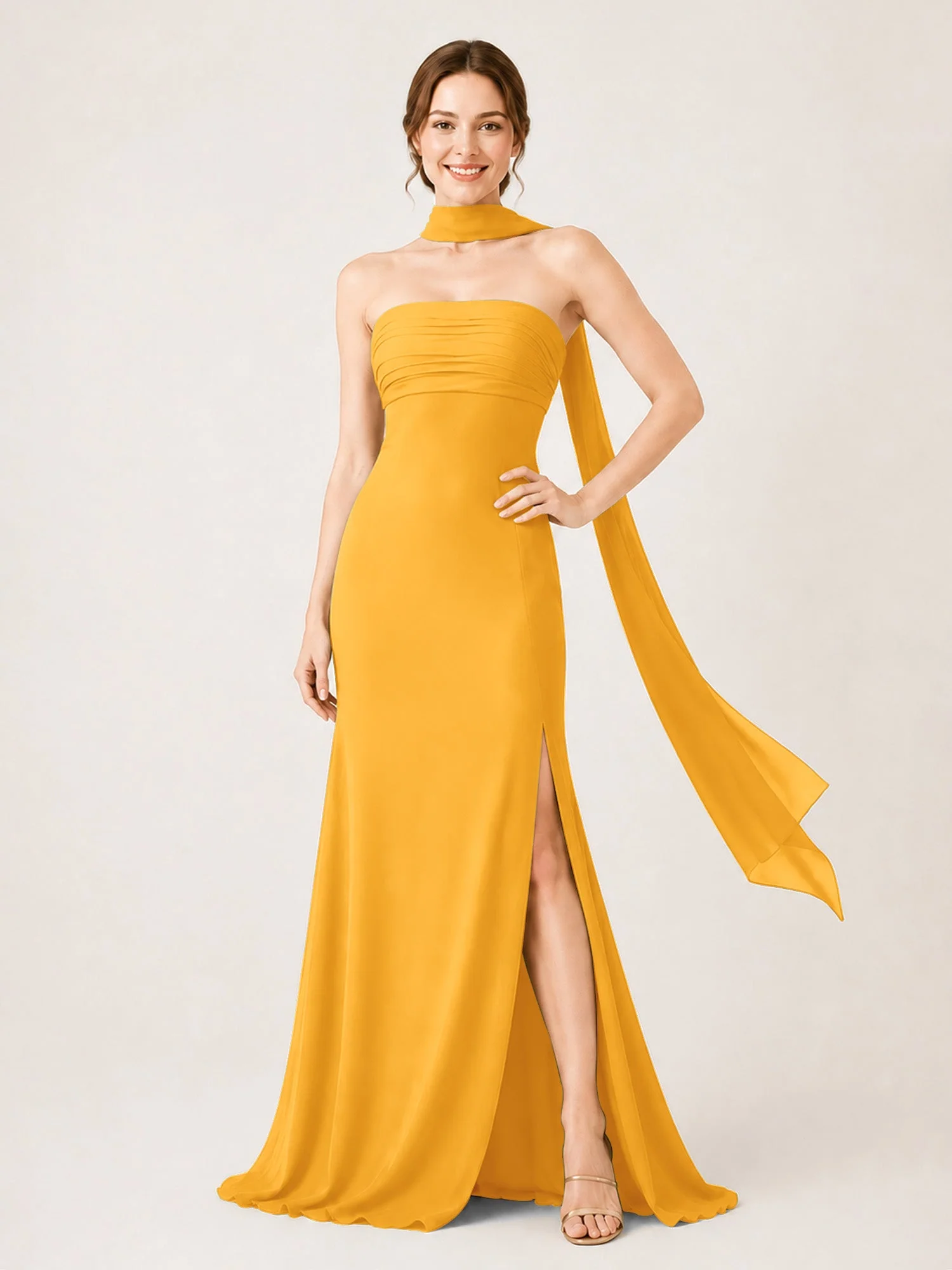 Chiffon Maxikleid mit Hohem Schlitz und Choker Band Mandarine