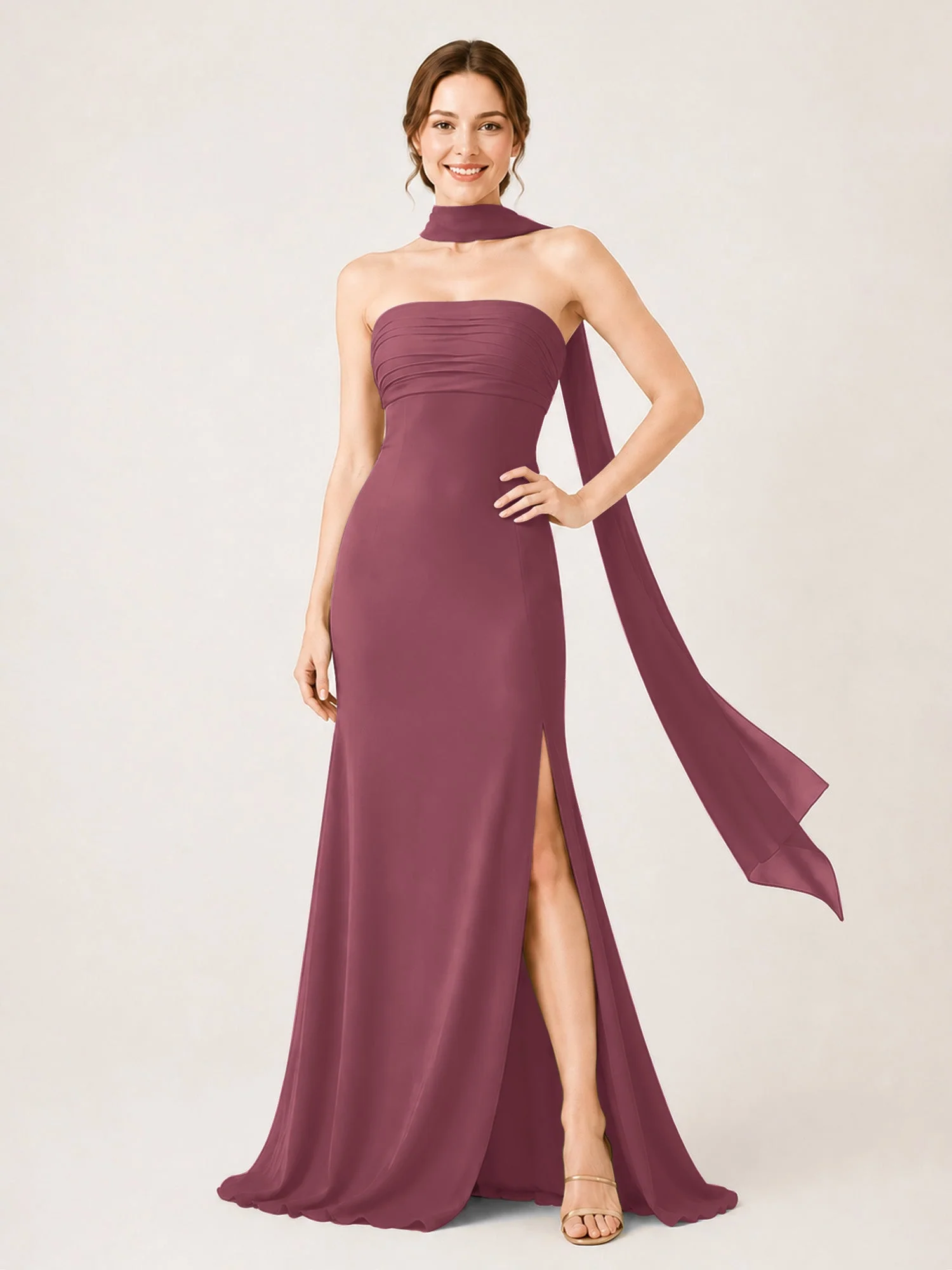 Chiffon Maxikleid mit Hohem Schlitz und Choker Band Maulbeere